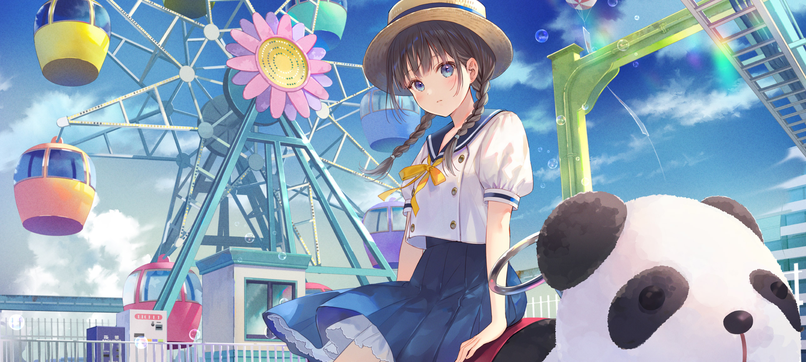Free download wallpaper Anime, Girl, Ferris Wheel, Hat, Blue Eyes, Braid, School Uniform on your PC desktop