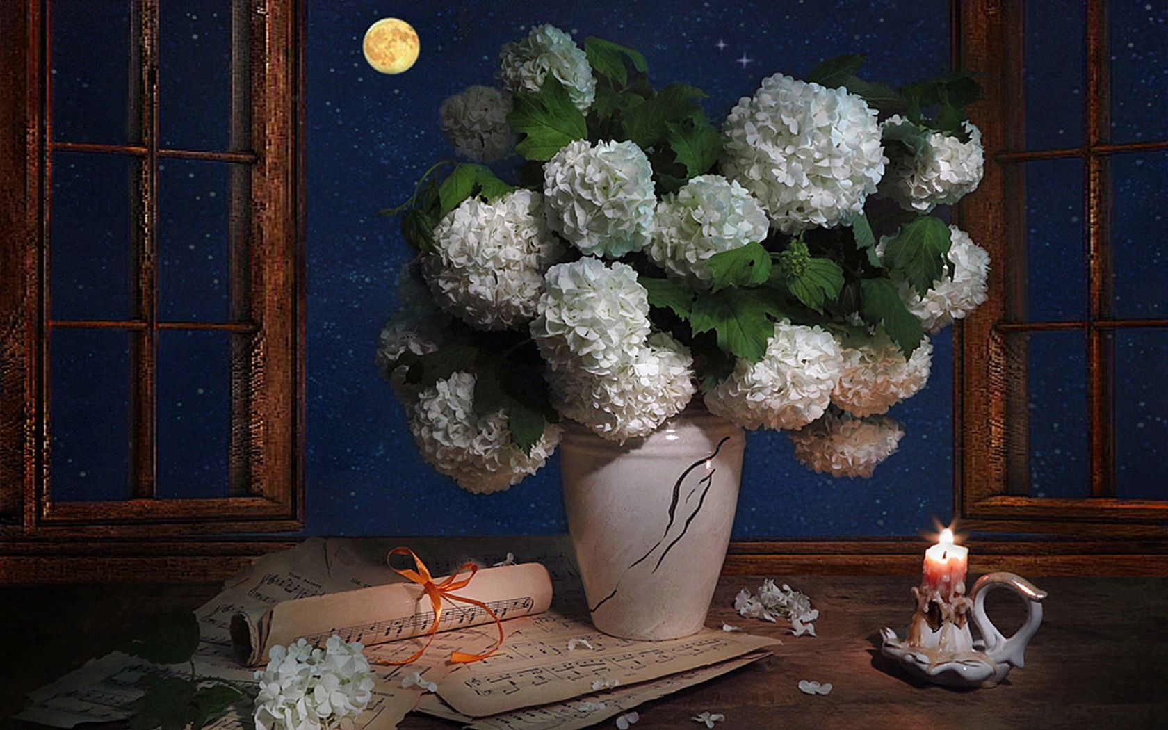 Free download wallpaper Night, Moon, Still Life, Flower, Window, Vase, Candle, Photography, White Flower, Sheet Music on your PC desktop