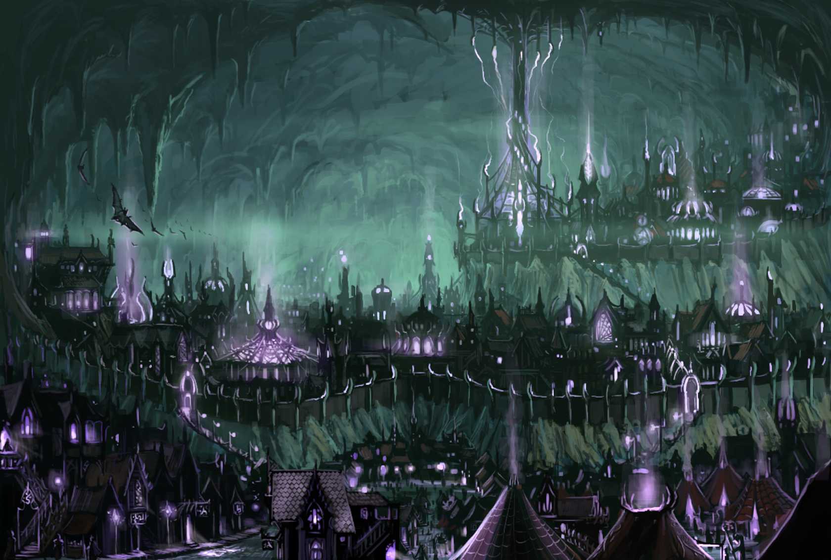 158815 завантажити шпалери наукова фантастика, місто, кажан, печера, міський пейзаж, фантазія, магія, сталагтити, під землею - заставки і картинки безкоштовно