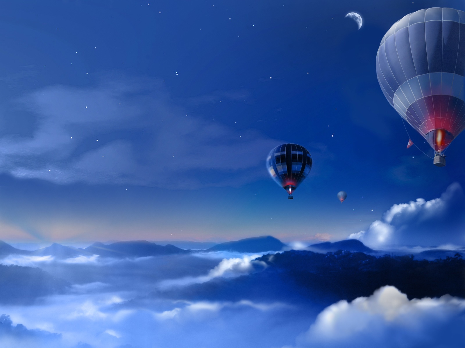 16927 скачать обои воздушные шары, пейзаж, рисунки, небо, ночь, синие - заставки и картинки бесплатно