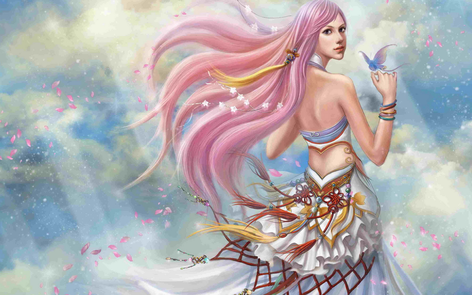 Free download wallpaper Fantasy, Flower, Butterfly, Petal, Women on your PC desktop