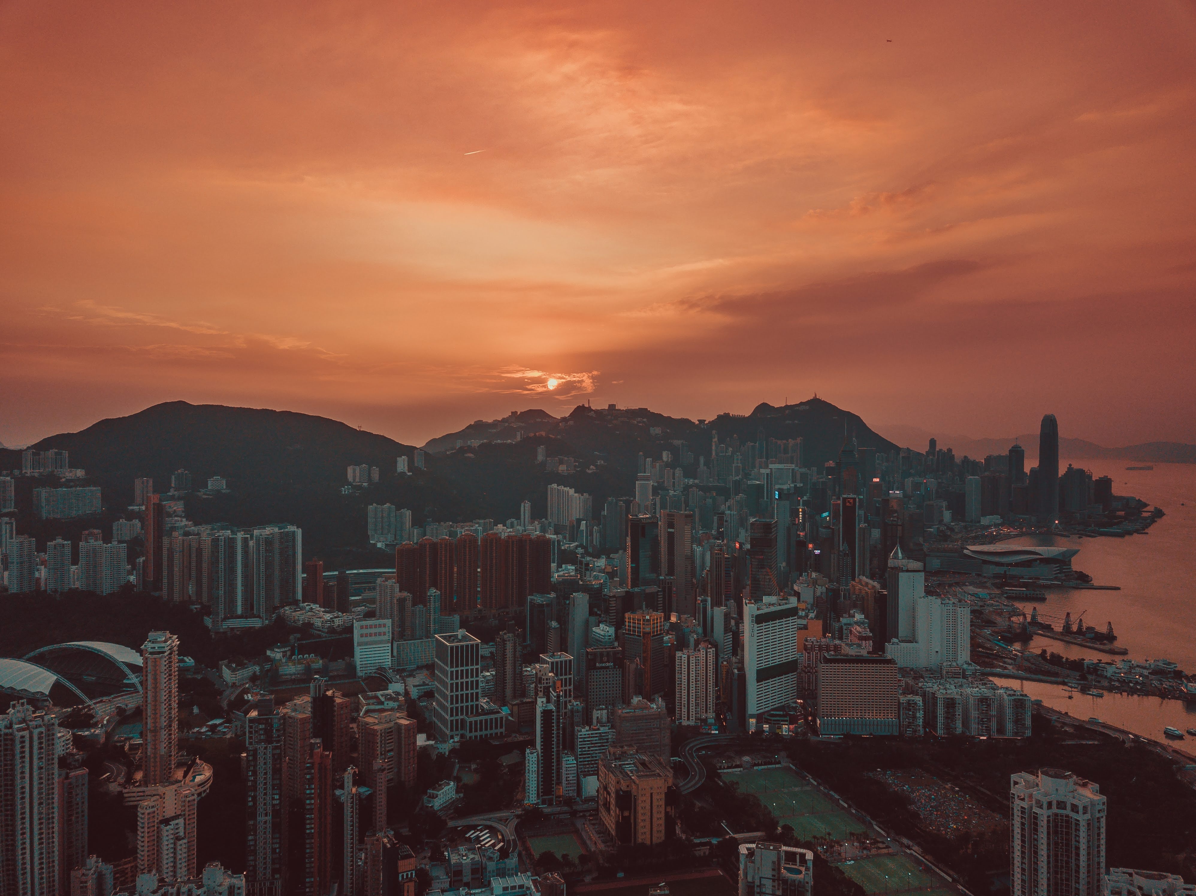 cities, sunset, sky, city, view from above, skyscrapers, hong kong, hong kong s a r
