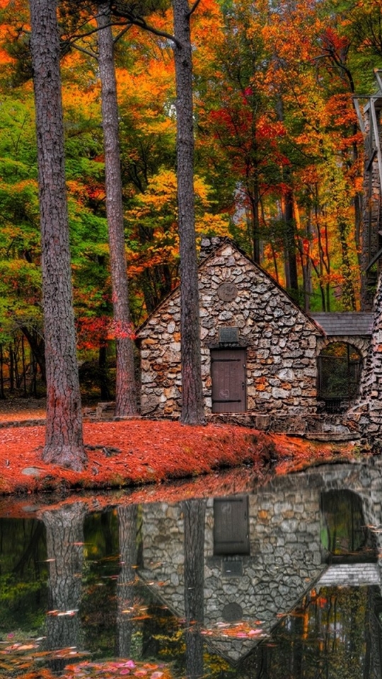 Download mobile wallpaper Reflection, Forest, Tree, Fall, Mill, Man Made, Watermill for free.