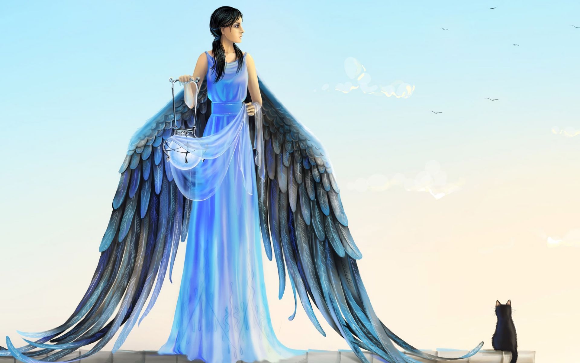 無料モバイル壁紙ファンタジー, 天使, ネコ, 青い, 翼をダウンロードします。