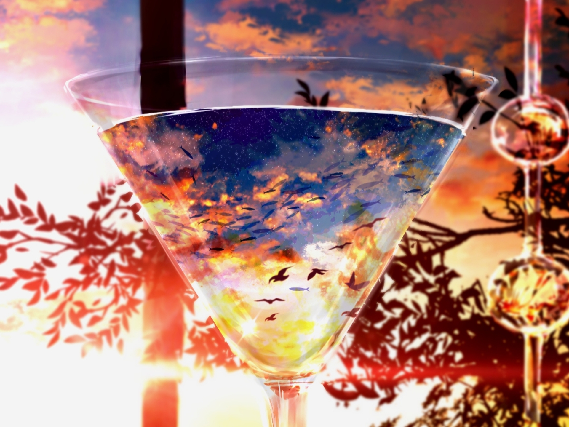 Download mobile wallpaper Anime, Sunset, Bird, Starry Sky, Glass, Fish, Original for free.