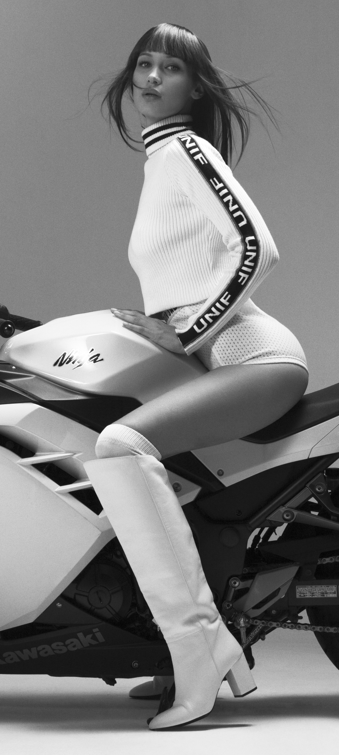 Download mobile wallpaper Monochrome, Boots, Kawasaki Ninja, Celebrity, Bella Hadid for free.