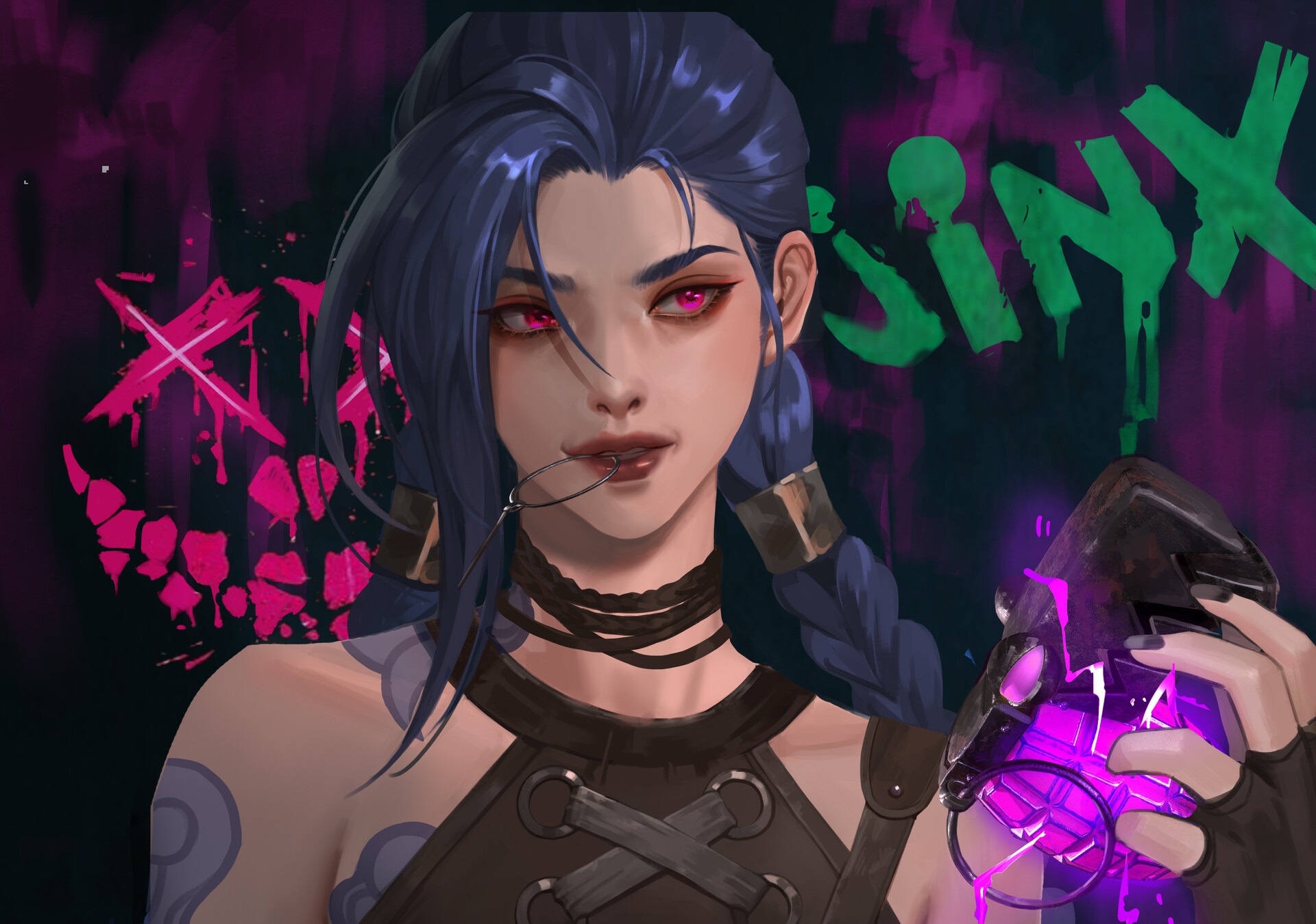 Fondo de pantalla para iPhone de Arcane Jinx en 4K - Diseño vibrante y atrevido