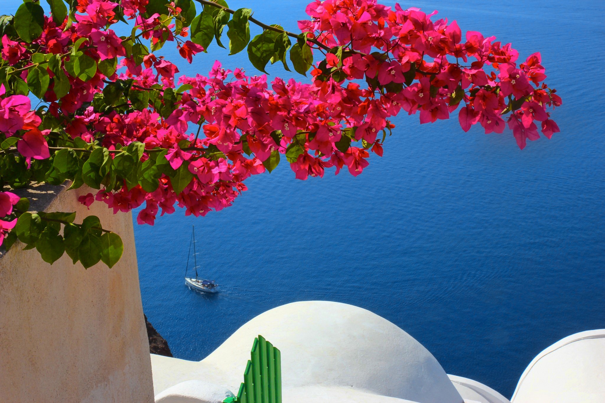 Download mobile wallpaper Flower, House, Photography, Santorini, Scenic, Pink Flower, Bouganvillea for free.