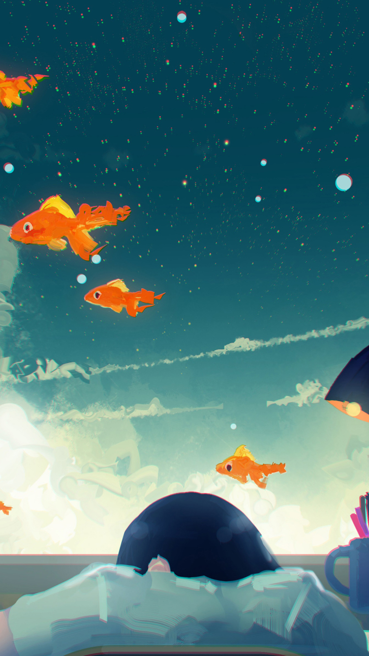 Download mobile wallpaper Anime, Sky, Cat, Original, Goldfish for free.