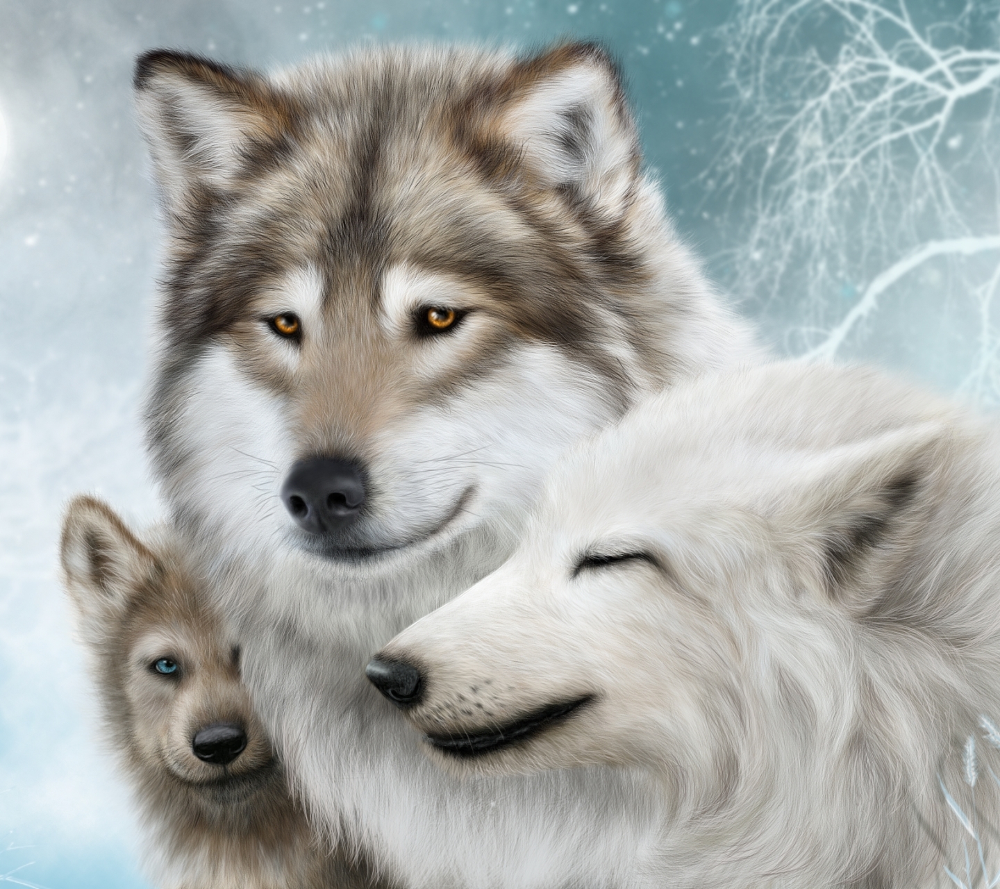 Laden Sie das Tiere, Winter, Mond, Schnee, Baum, Wolf, Malerei, Wolves-Bild kostenlos auf Ihren PC-Desktop herunter