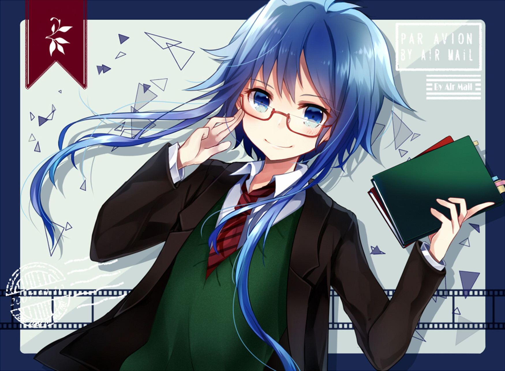 Download mobile wallpaper Anime, Glass, Book, Uniform, Blue Eyes, Original, Blue Hair for free.