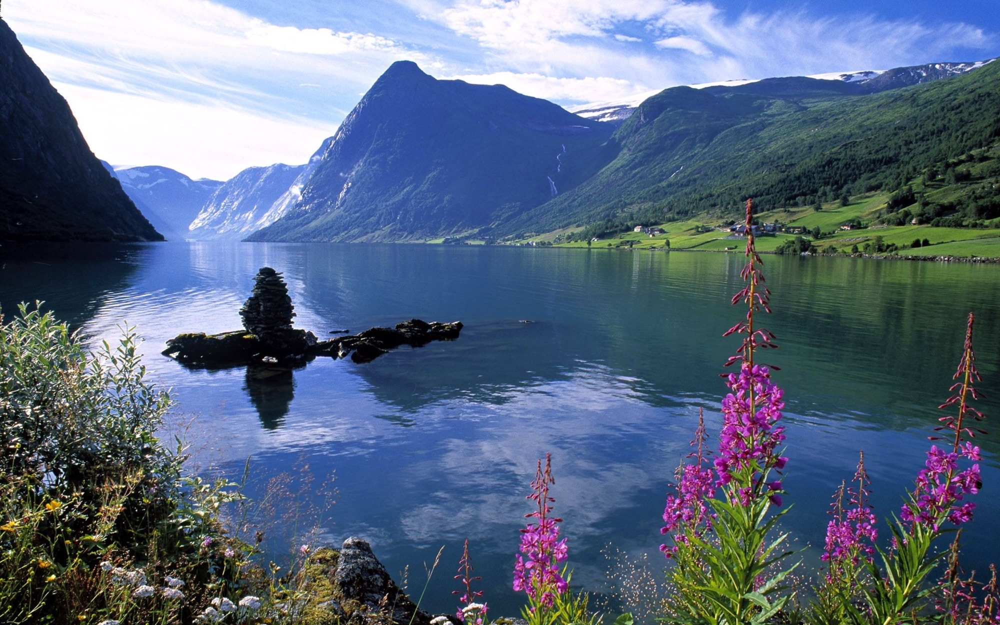 Free download wallpaper Landscape, Nature, Water, Mountain, Lake, Flower, Earth on your PC desktop