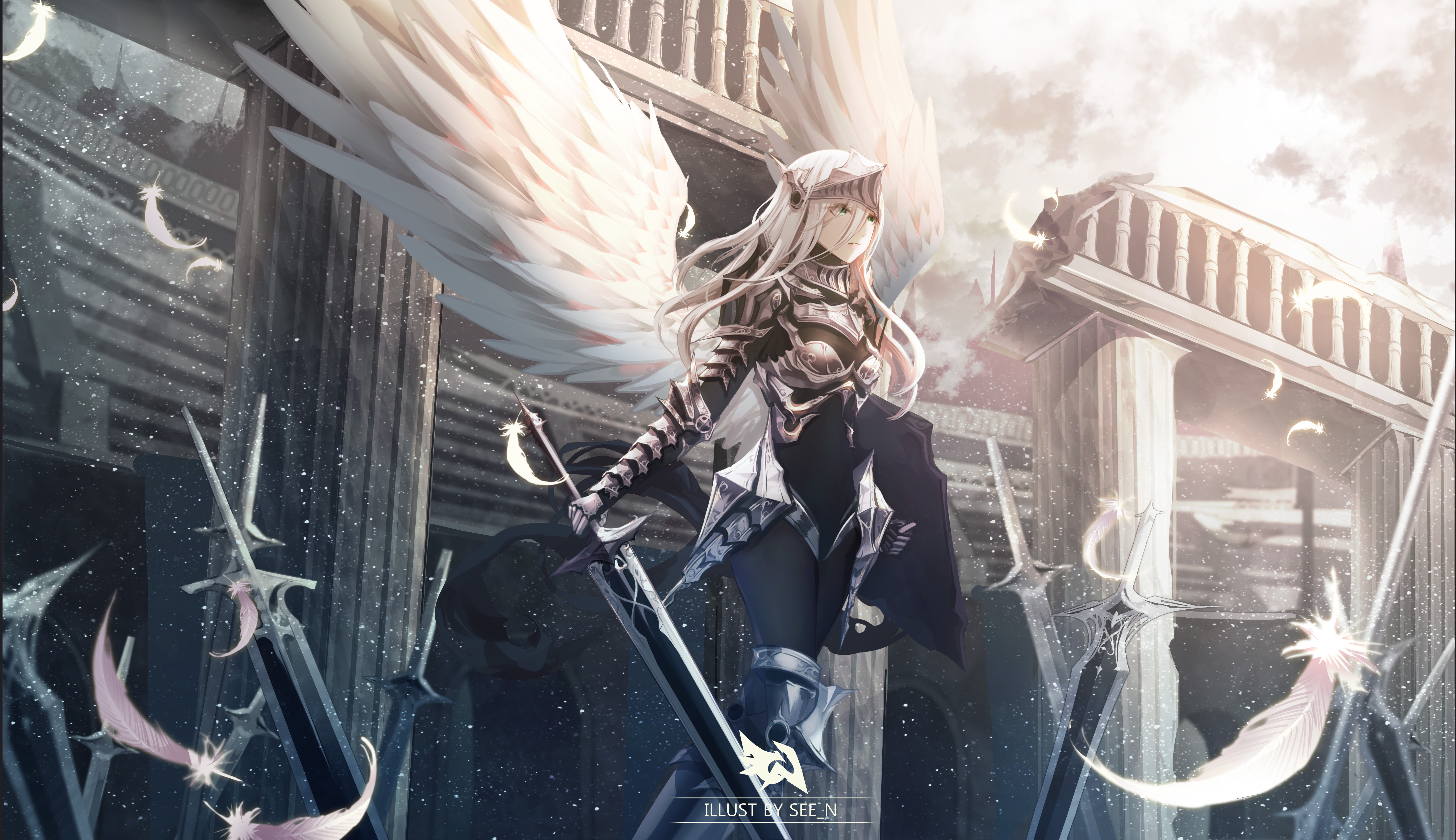 Free download wallpaper Anime, Wings, Angel, Armor, Sword, Original, Long Hair, White Hair on your PC desktop