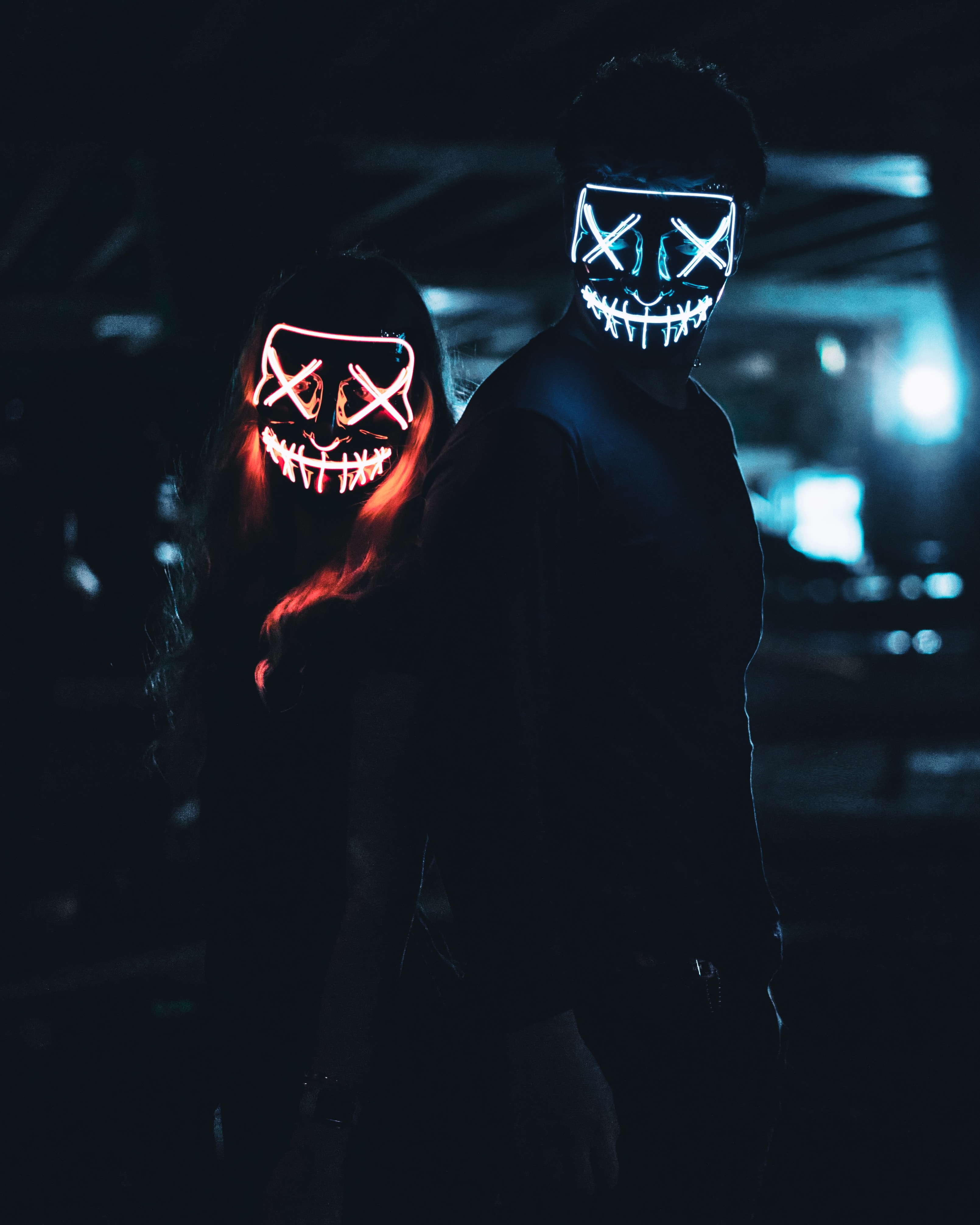 couple, pair, glow, dark, masks, neon
