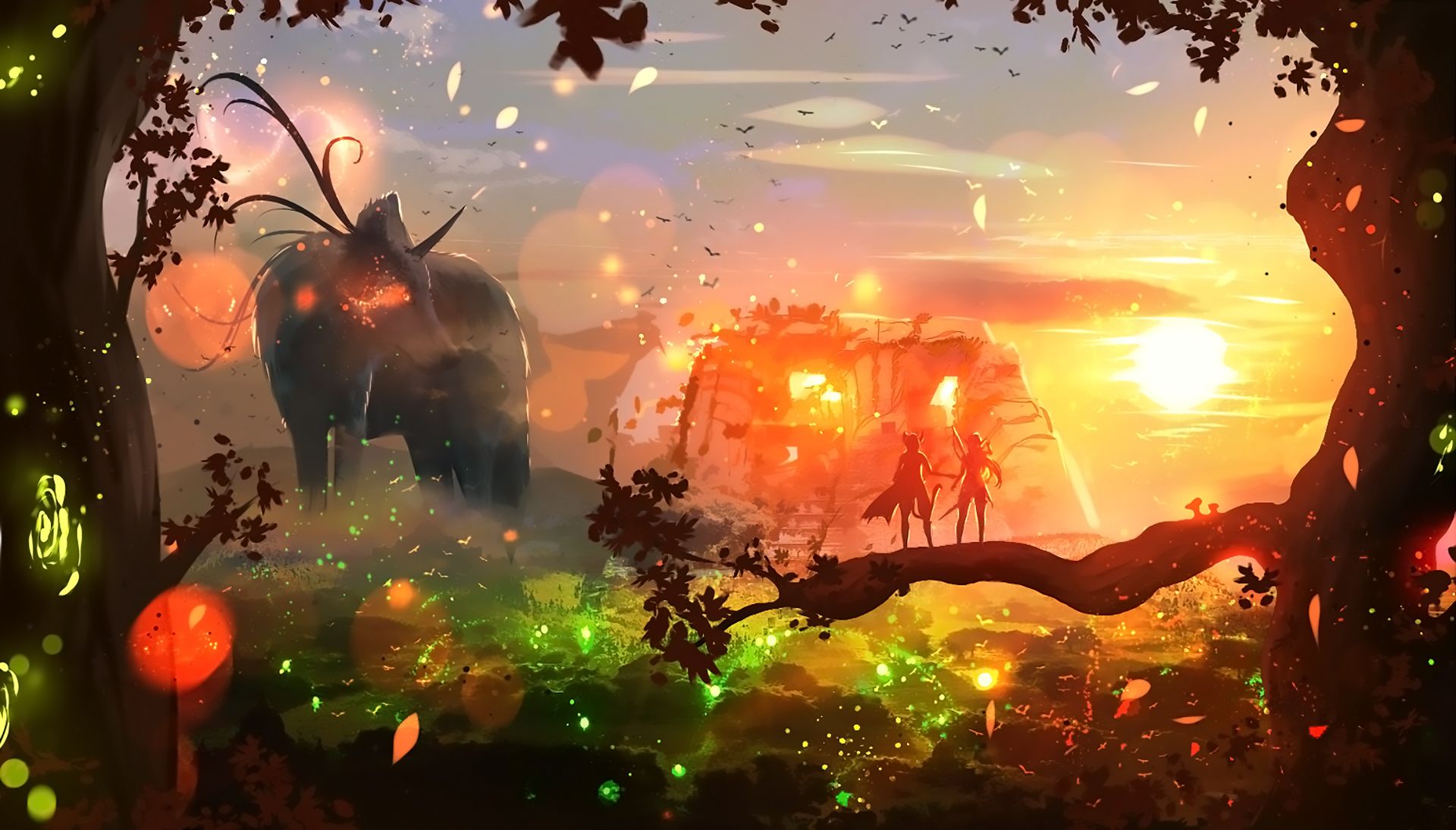 Free download wallpaper Anime, Fantasy, Sun, Tree, Original on your PC desktop