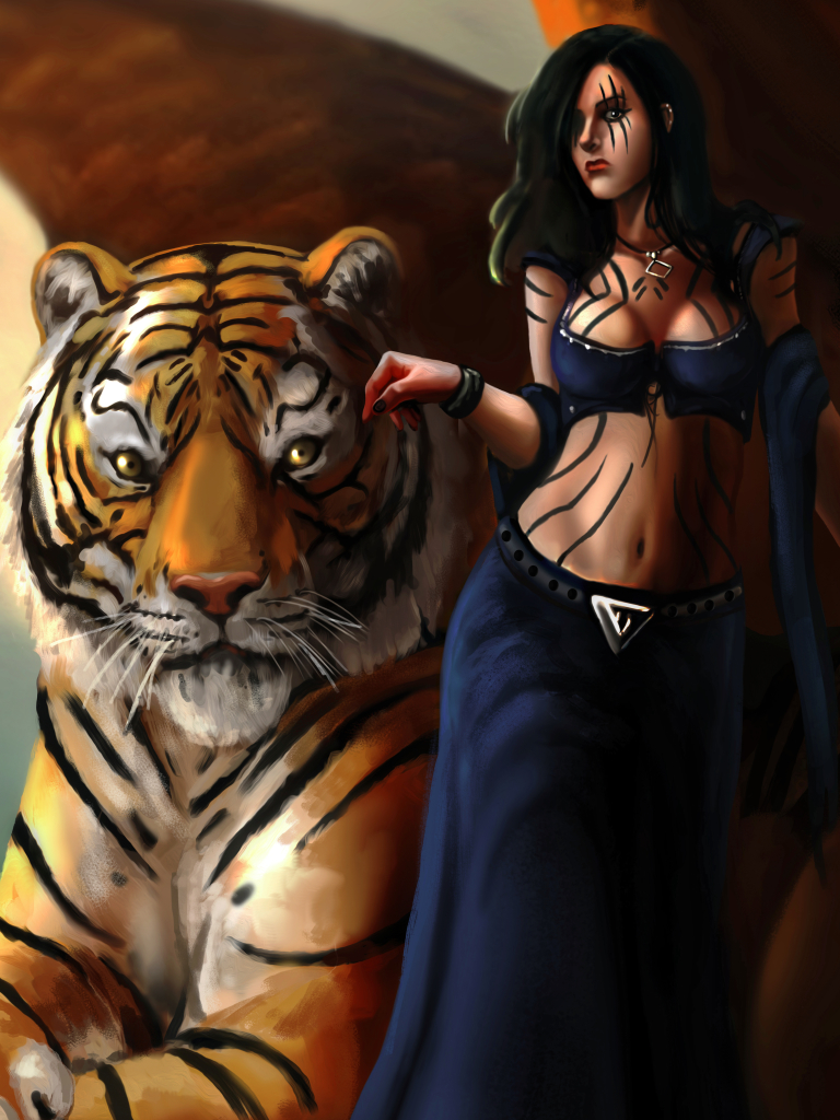 Download mobile wallpaper Fantasy, Tiger, Cute, Women for free.