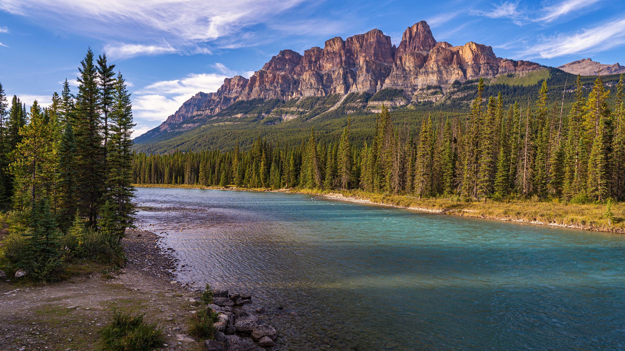 Download mobile wallpaper Mountain, Canada, Forest, Earth, River, Banff National Park for free.