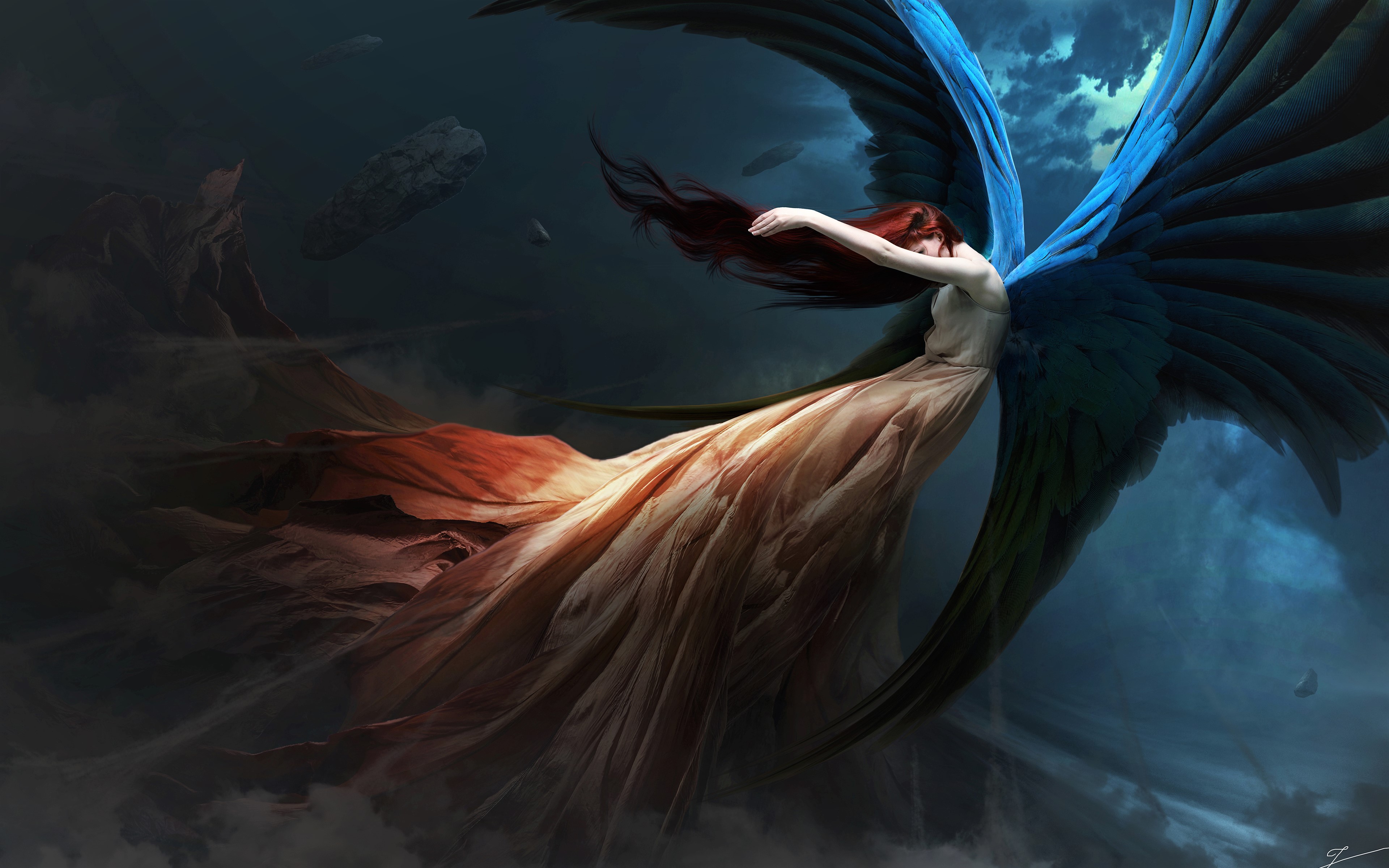 Download mobile wallpaper Fantasy, Redhead, Wings, Angel, Cloud, Dress for free.