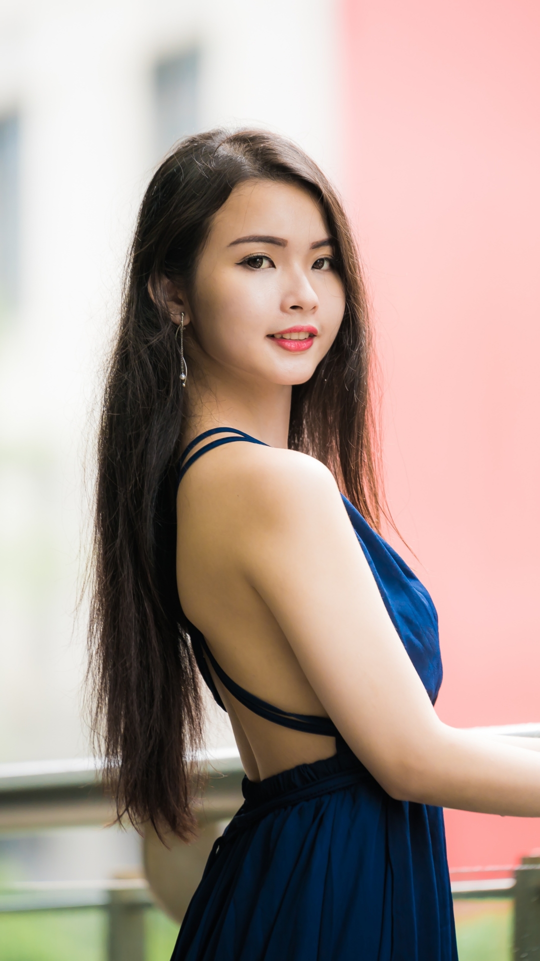 Download mobile wallpaper Brunette, Model, Women, Asian, Long Hair, Blue Dress for free.