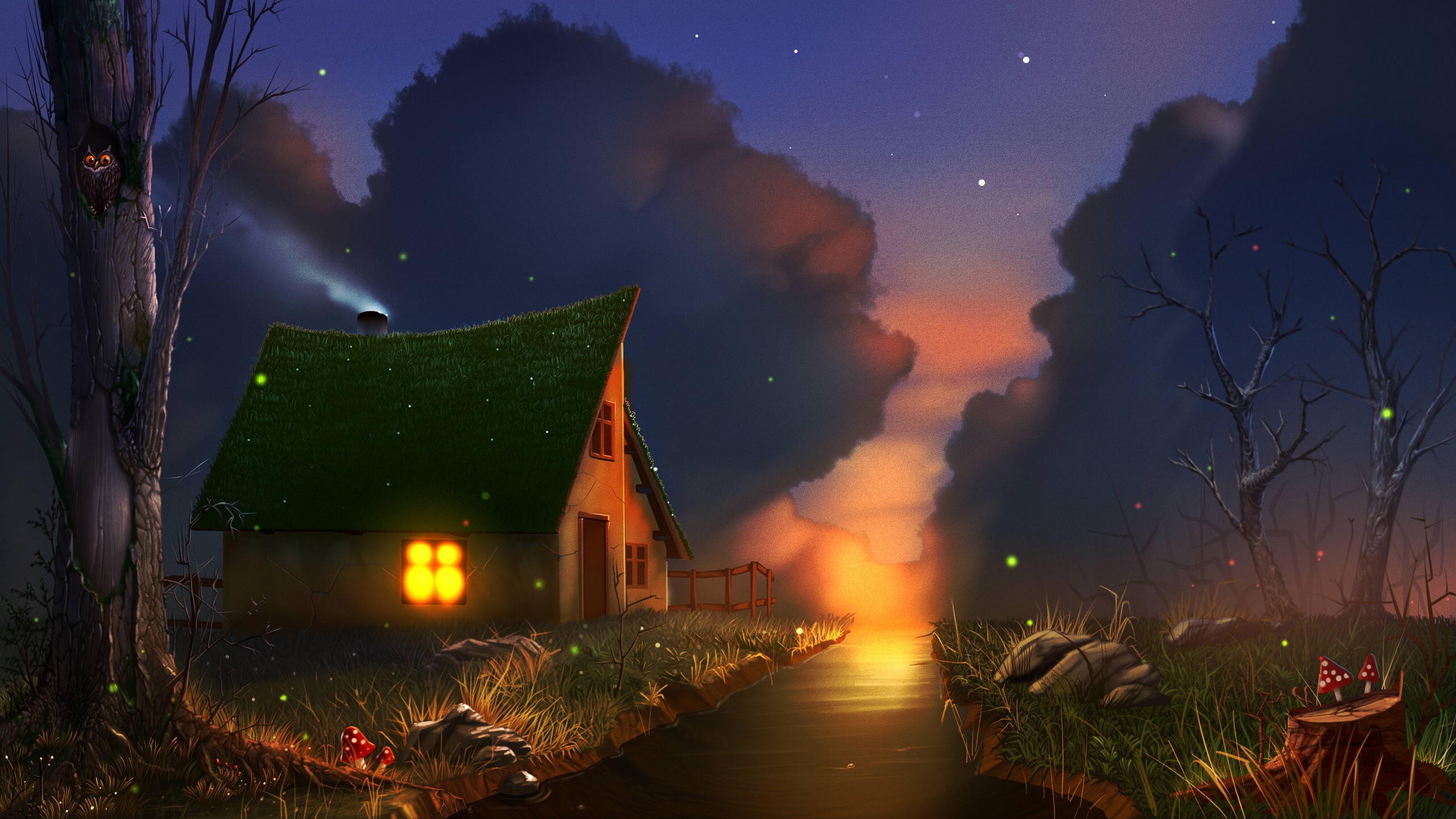 Free download wallpaper Fantasy, Night, House, Stream, Cloud on your PC desktop