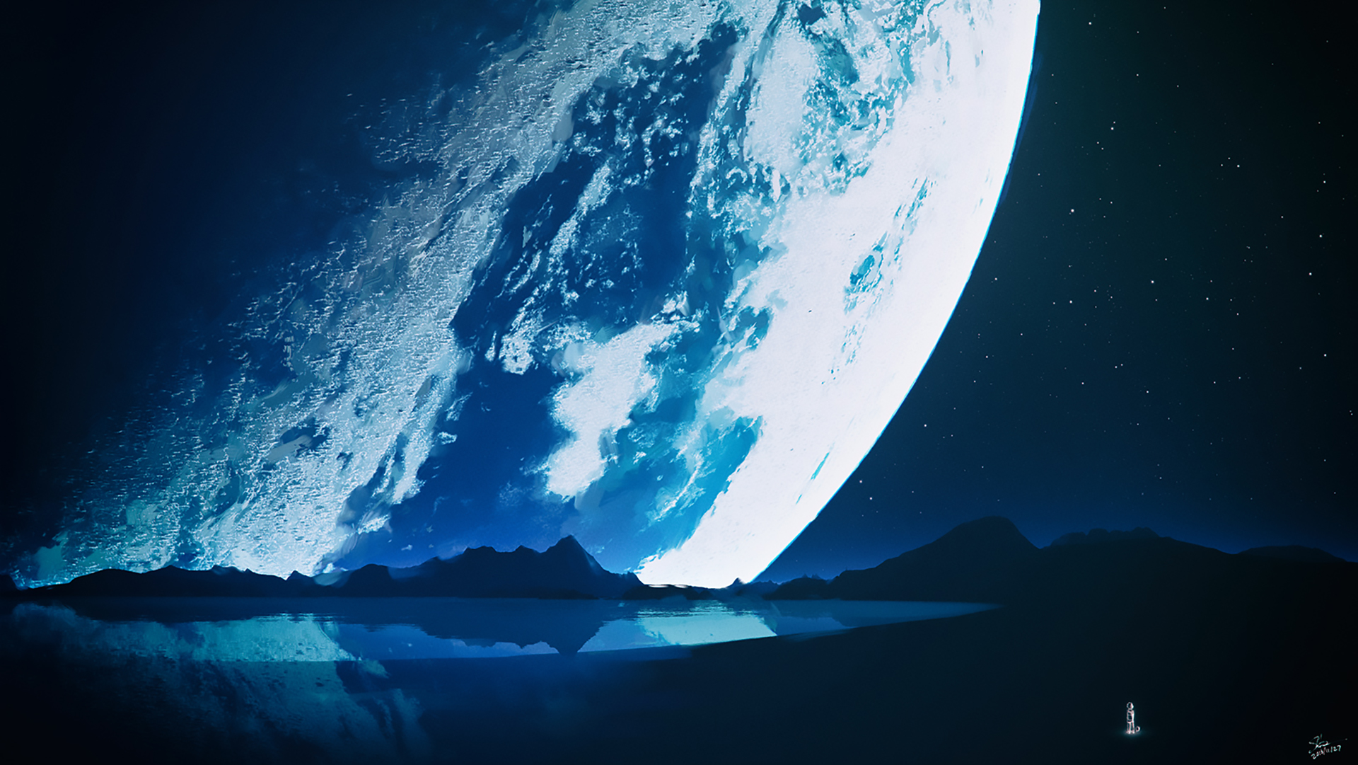 Laden Sie das Landschaft, See, Planet, Gebirge, Science Fiction, Nacht-Bild kostenlos auf Ihren PC-Desktop herunter