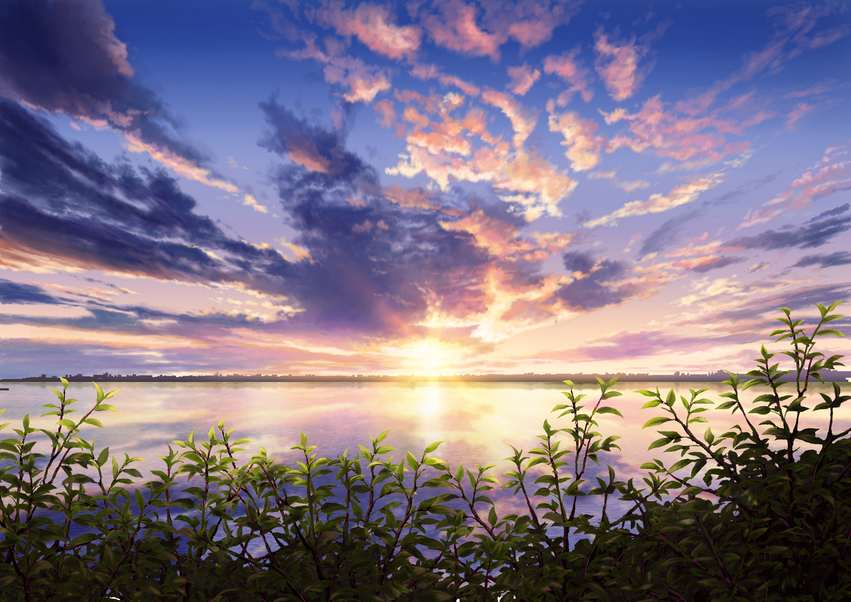 Download mobile wallpaper Anime, Landscape, Sunset, Lake, Cloud for free.