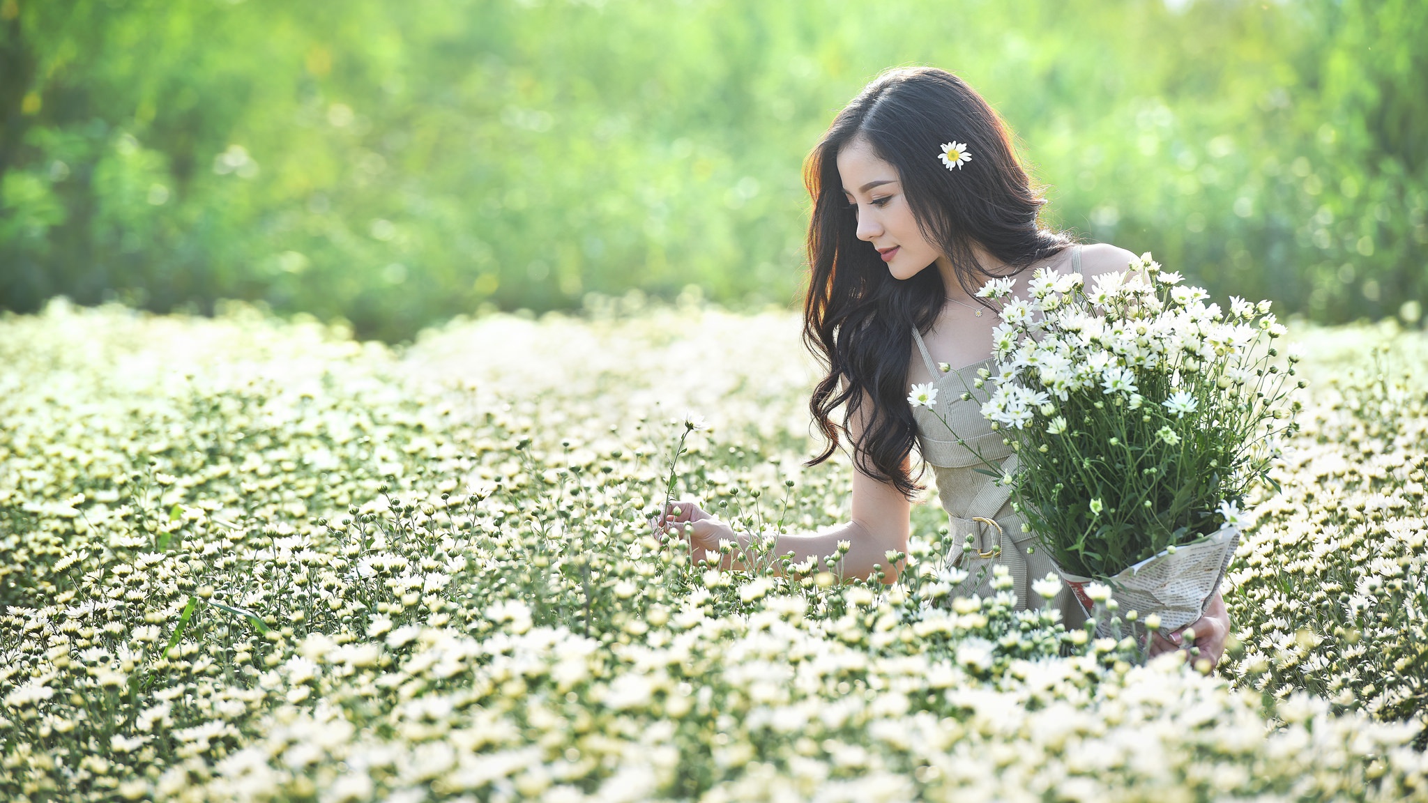 Download mobile wallpaper Flower, Bokeh, Brunette, Model, Women, White Flower, Asian for free.