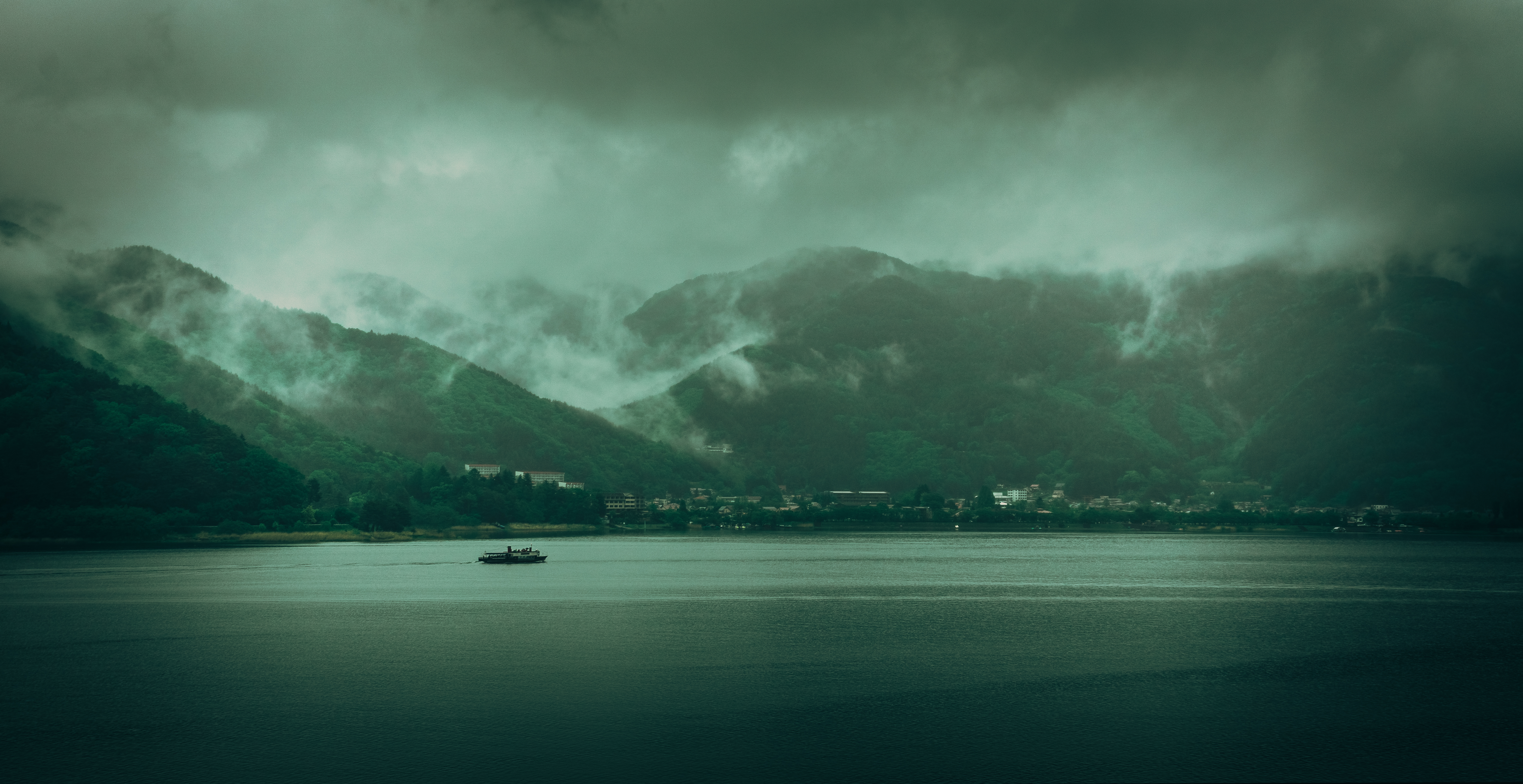 Download mobile wallpaper Darkness, Fog, Lake, Clouds, Landscape, Nature, Hills for free.