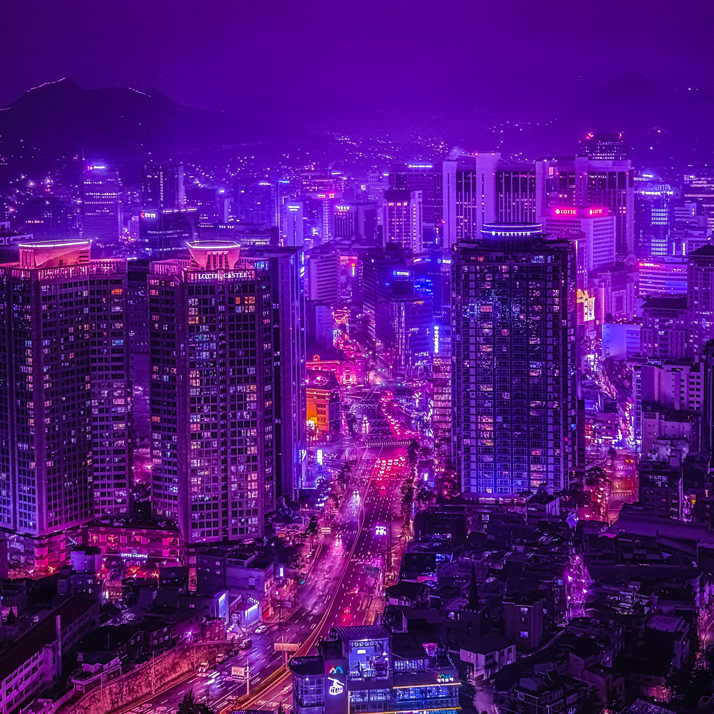 neon, night city, cities, architecture, lights, road Full HD