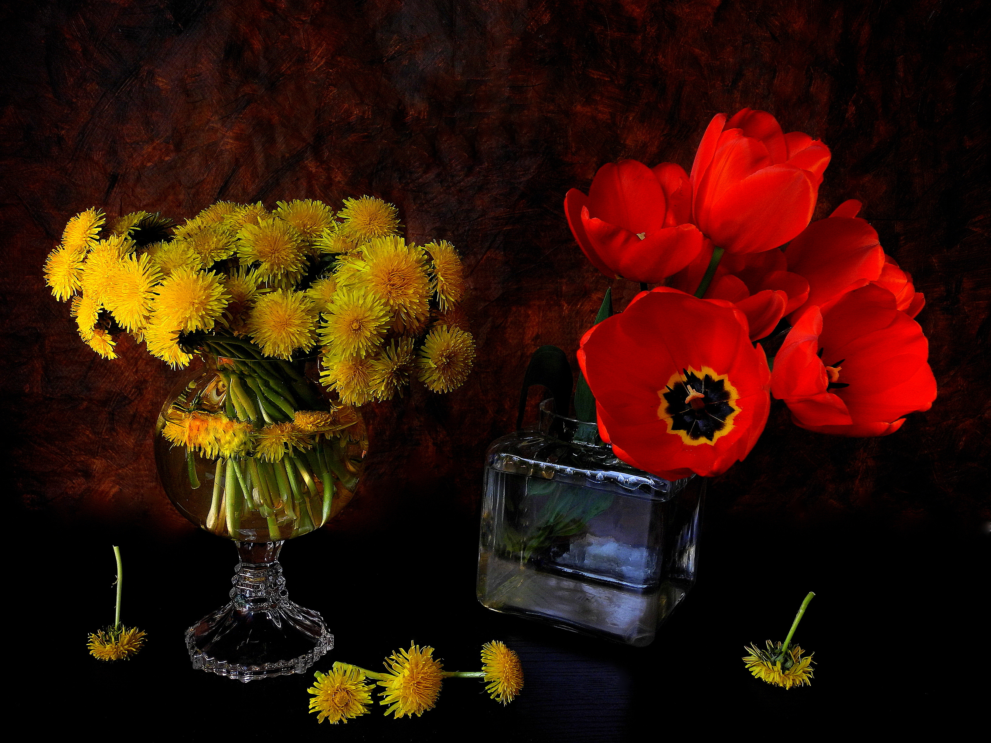 Download mobile wallpaper Still Life, Vase, Tulip, Dandelion, Photography, Yellow Flower, Red Flower for free.