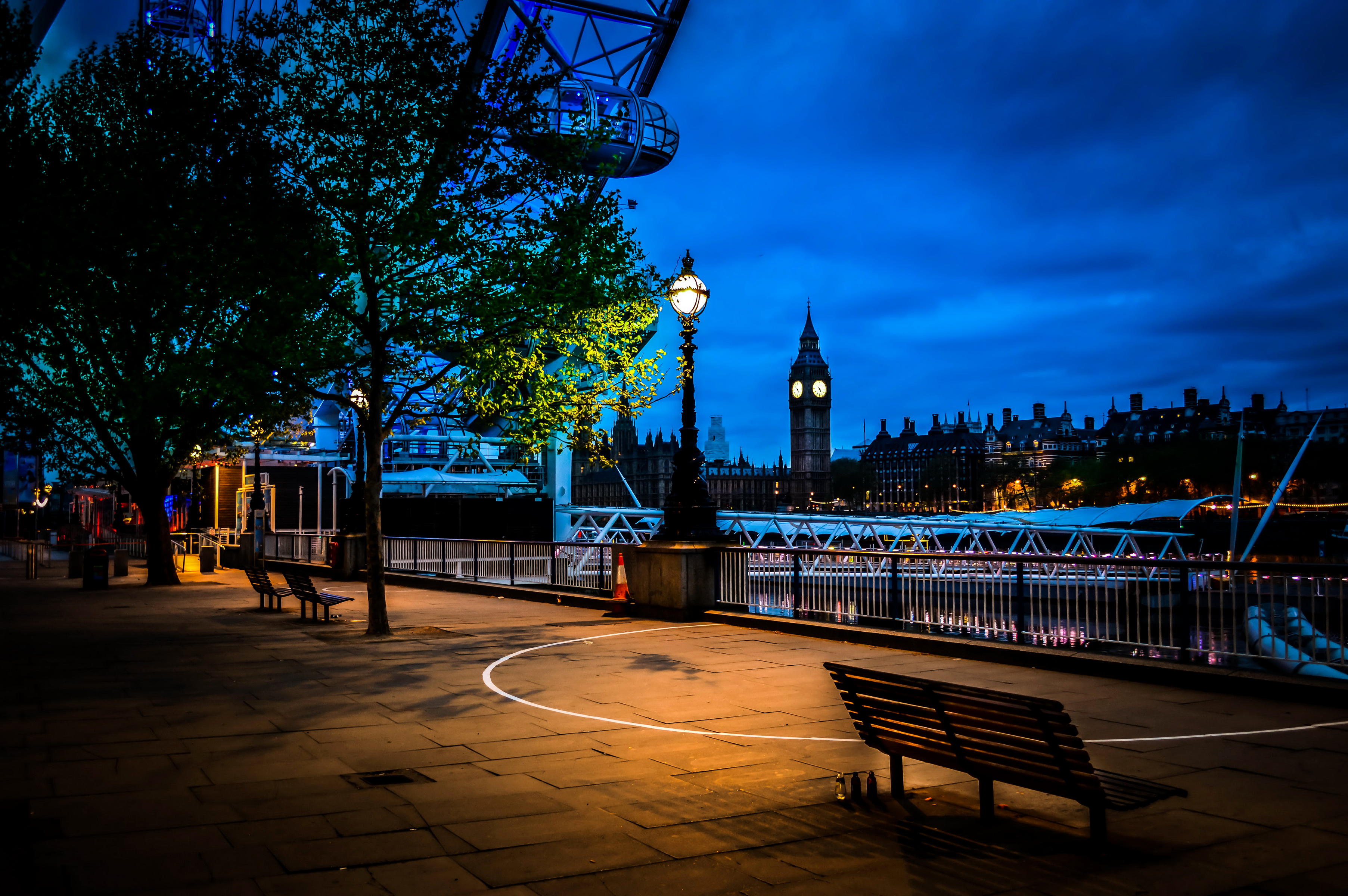 london, street light, man made, bench, big ben, city, tree, cities