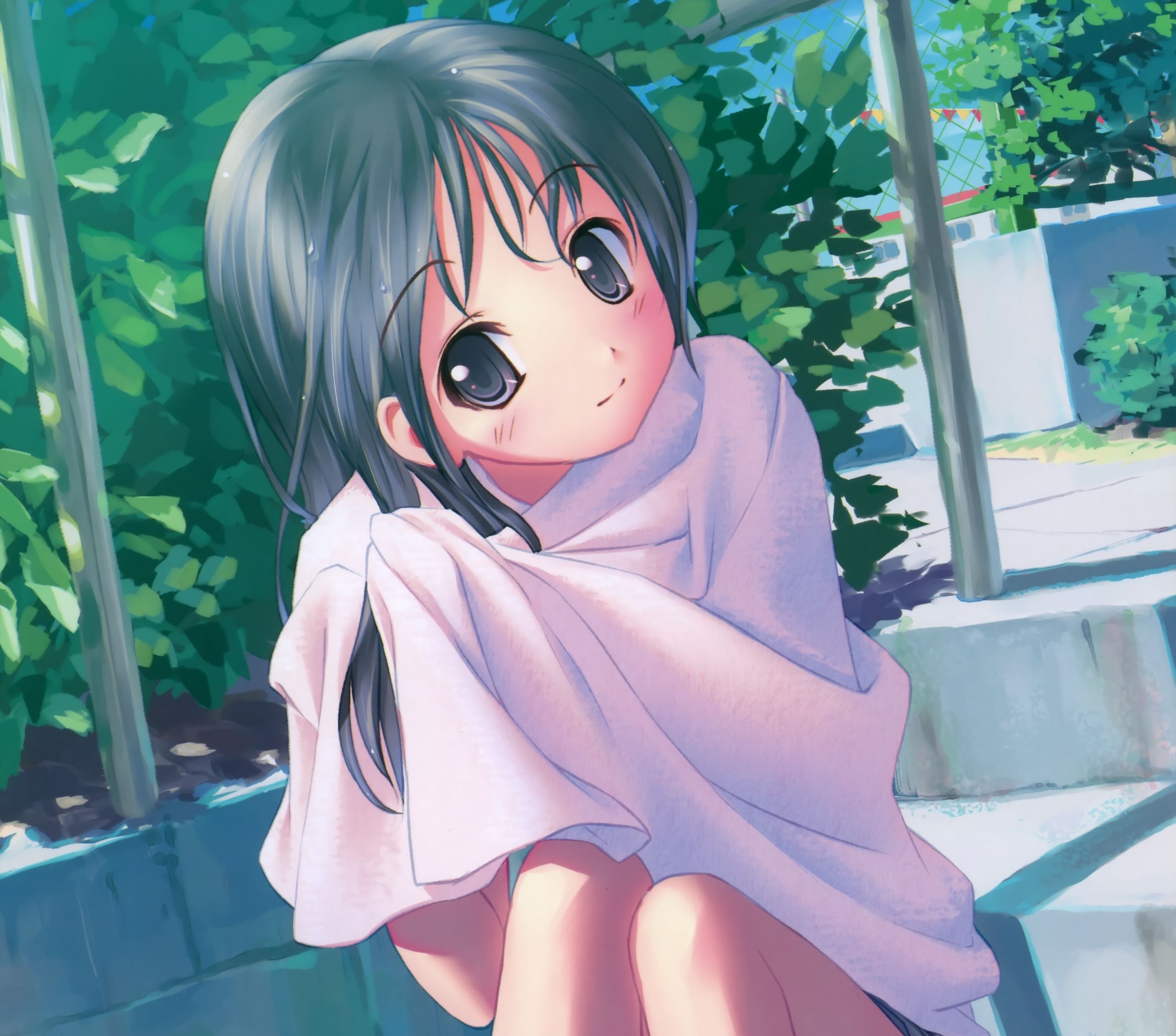anime, original, black hair, blush, brown eyes, long hair, smile, towel HD wallpaper