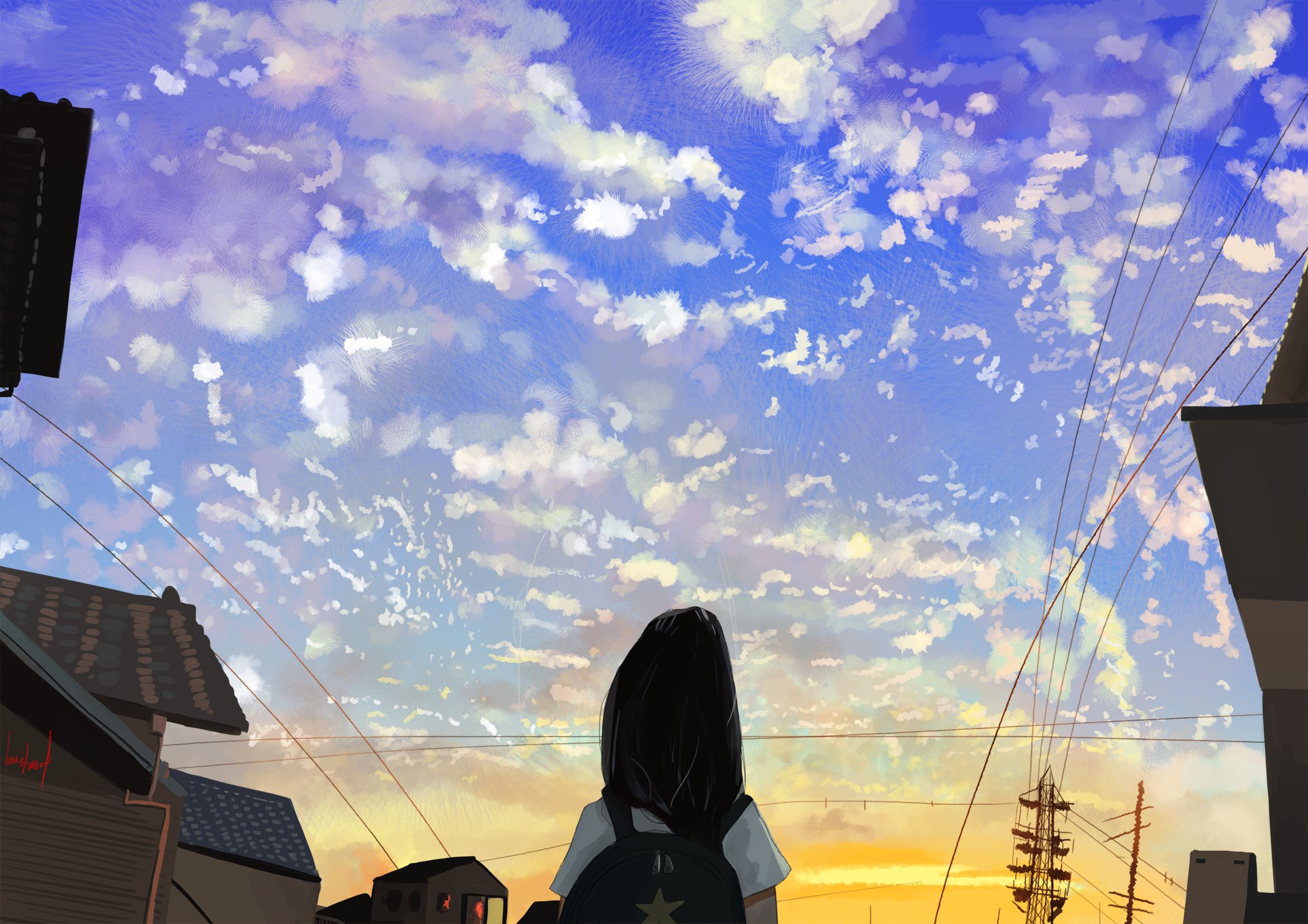 Laden Sie das Wolke, Schülerin, Original, Himmel, Sonnenuntergang, Animes-Bild kostenlos auf Ihren PC-Desktop herunter