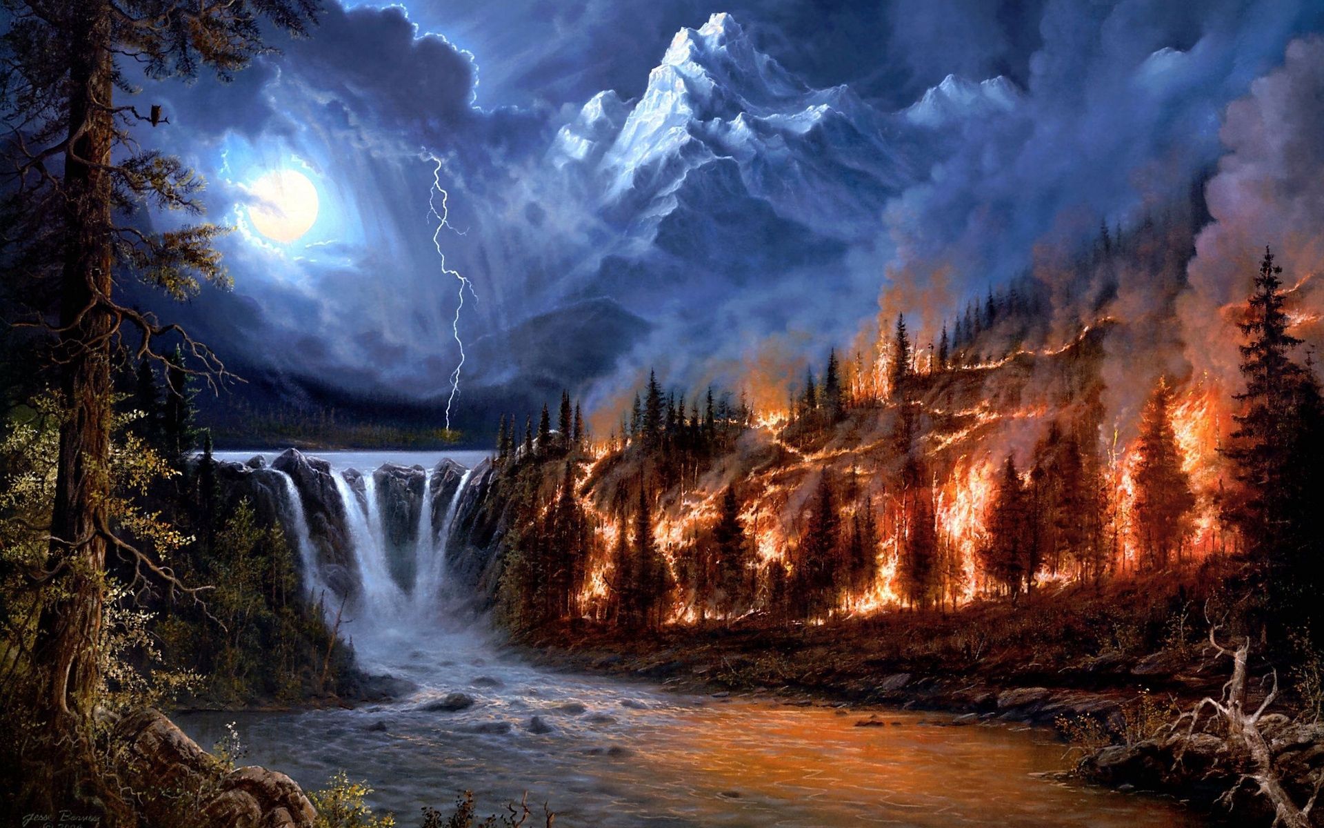 lightning, fire, nature, trees, mountains, night, moon, waterfalls, forest