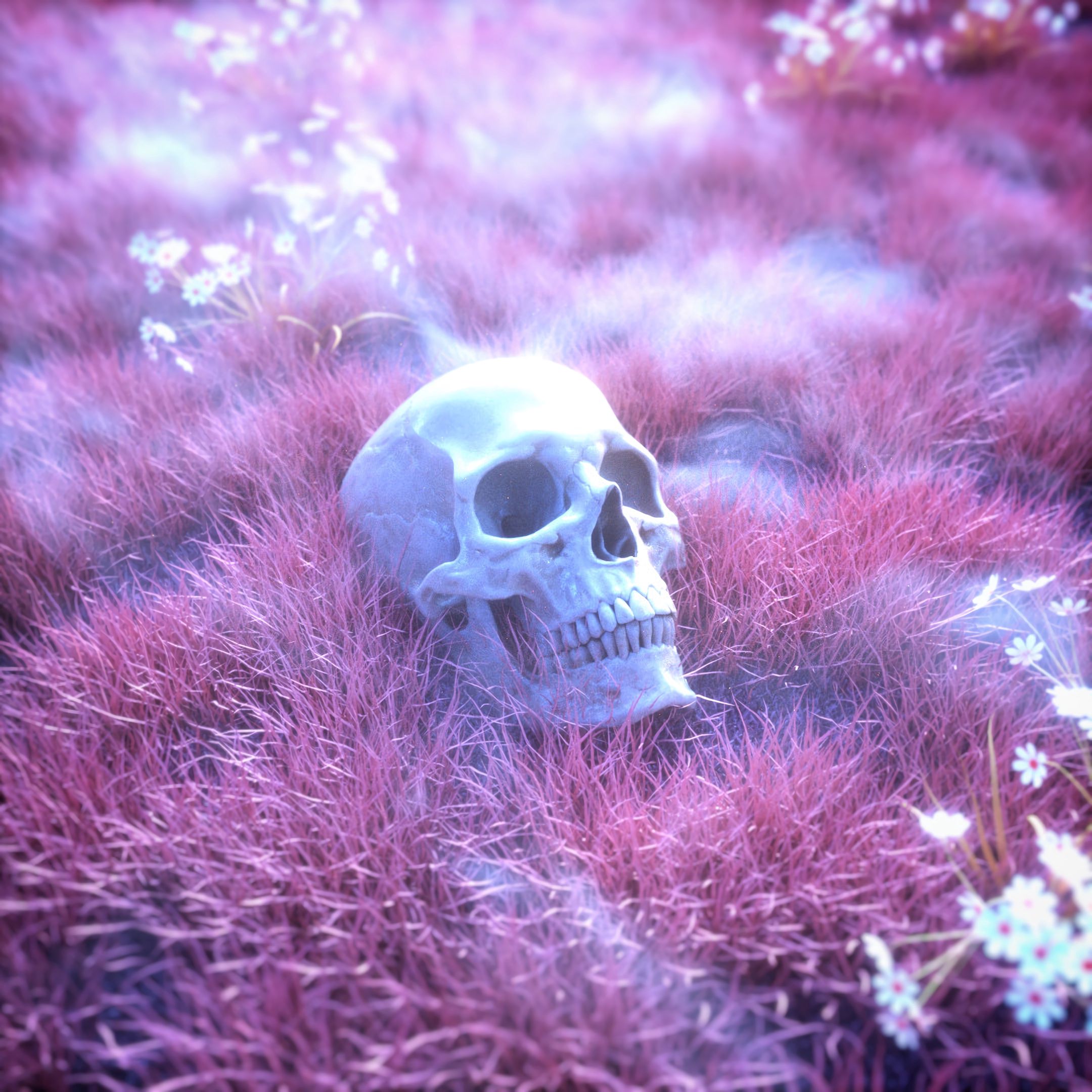 skull, skeleton, art, grass, pink Full HD