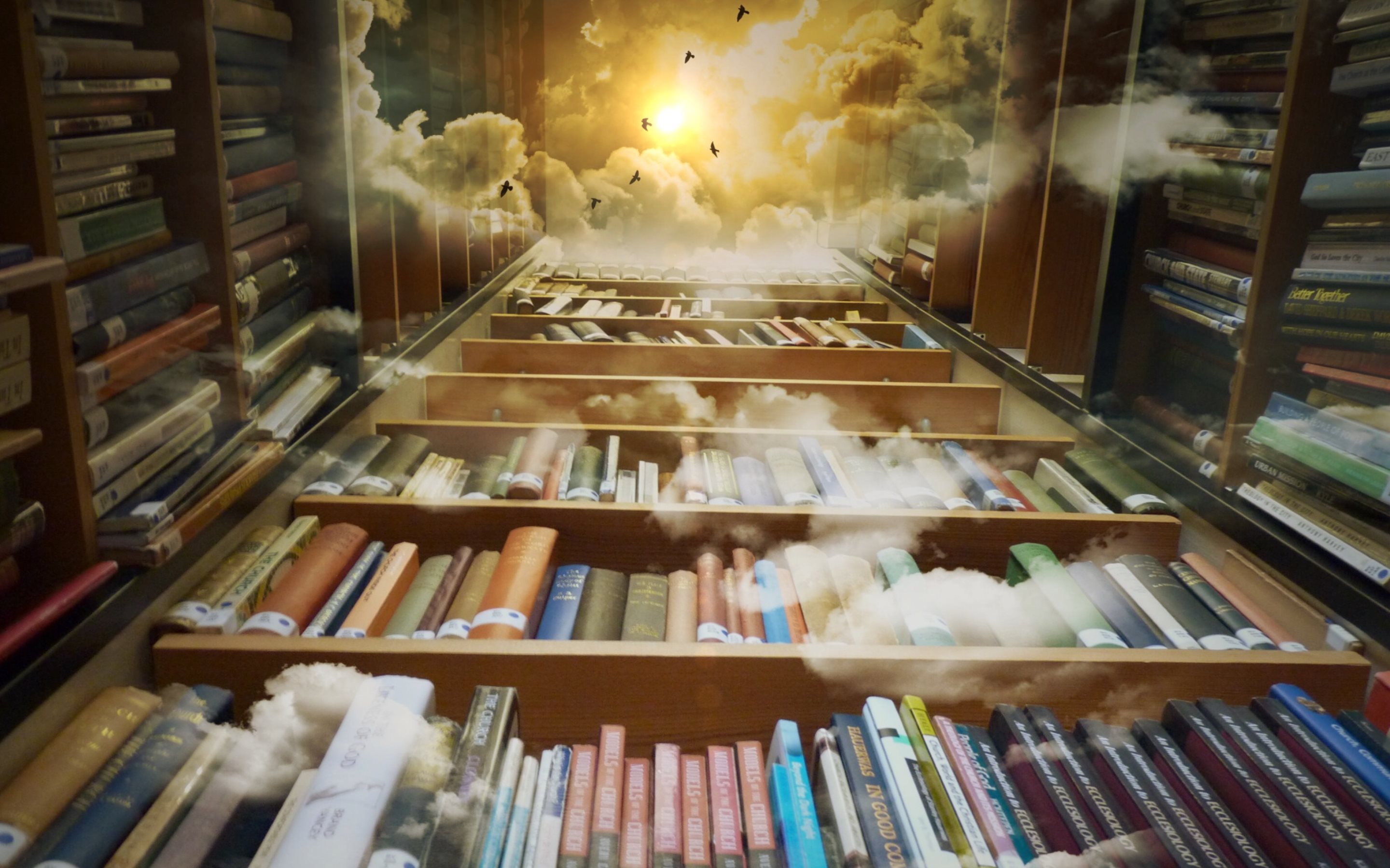 673721 скачать картинку библиотека, книга, мистический, сделано человеком, облака, фантастика, волшебный - обои и заставки бесплатно