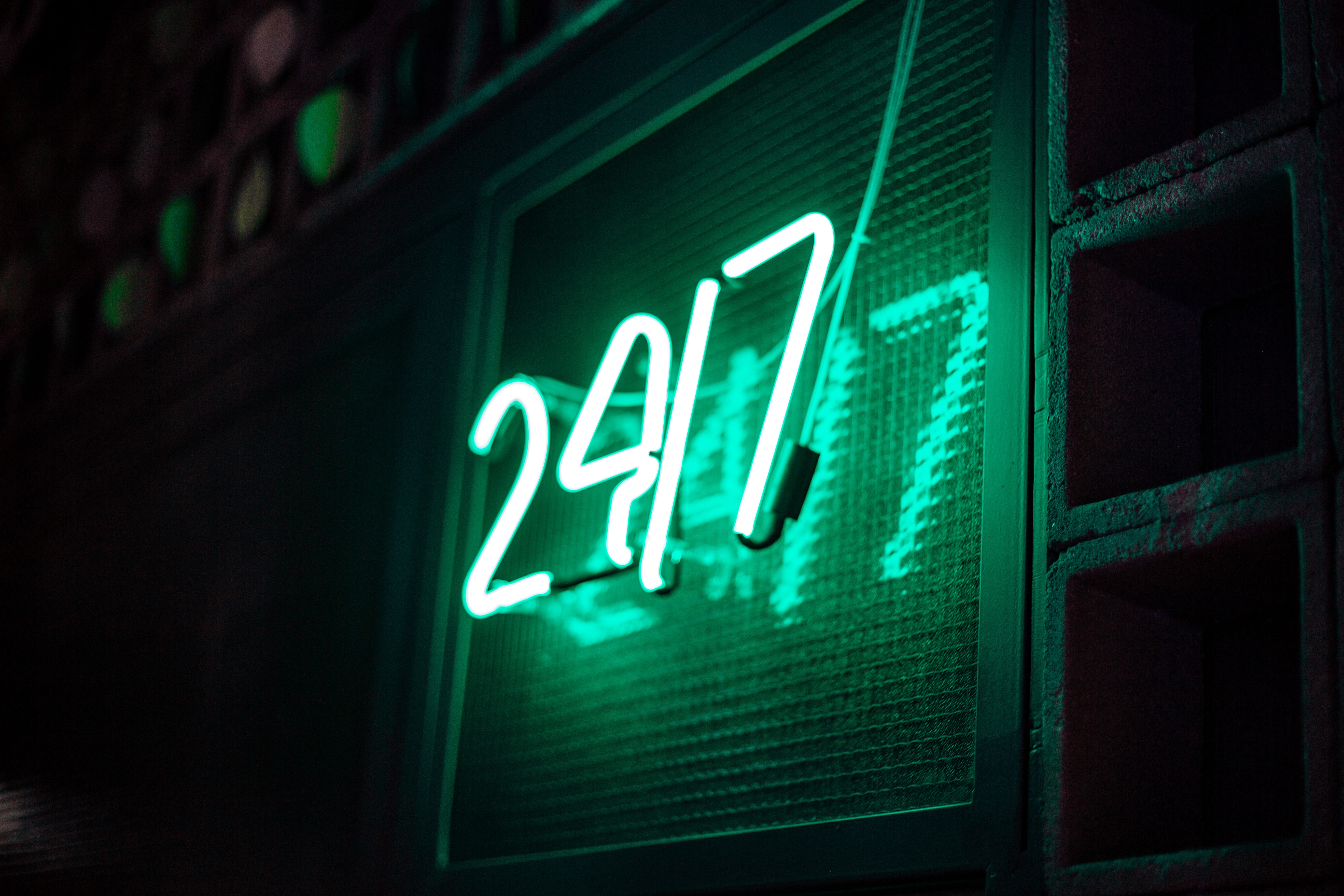 neon, green, words, shine, light, sign, signboard, numbers Panoramic Wallpaper