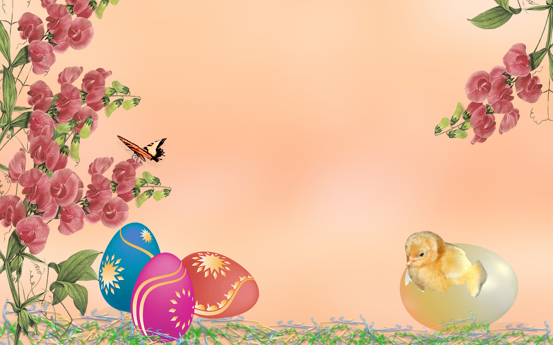 Laden Sie das Feiertage, Schmetterlinge, Ostern, Küken, Blume, Osterei-Bild kostenlos auf Ihren PC-Desktop herunter