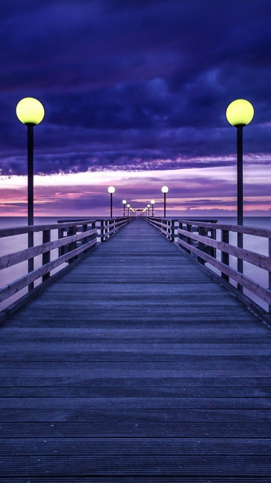 Download mobile wallpaper Sunset, Horizon, Pier, Purple, Man Made for free.