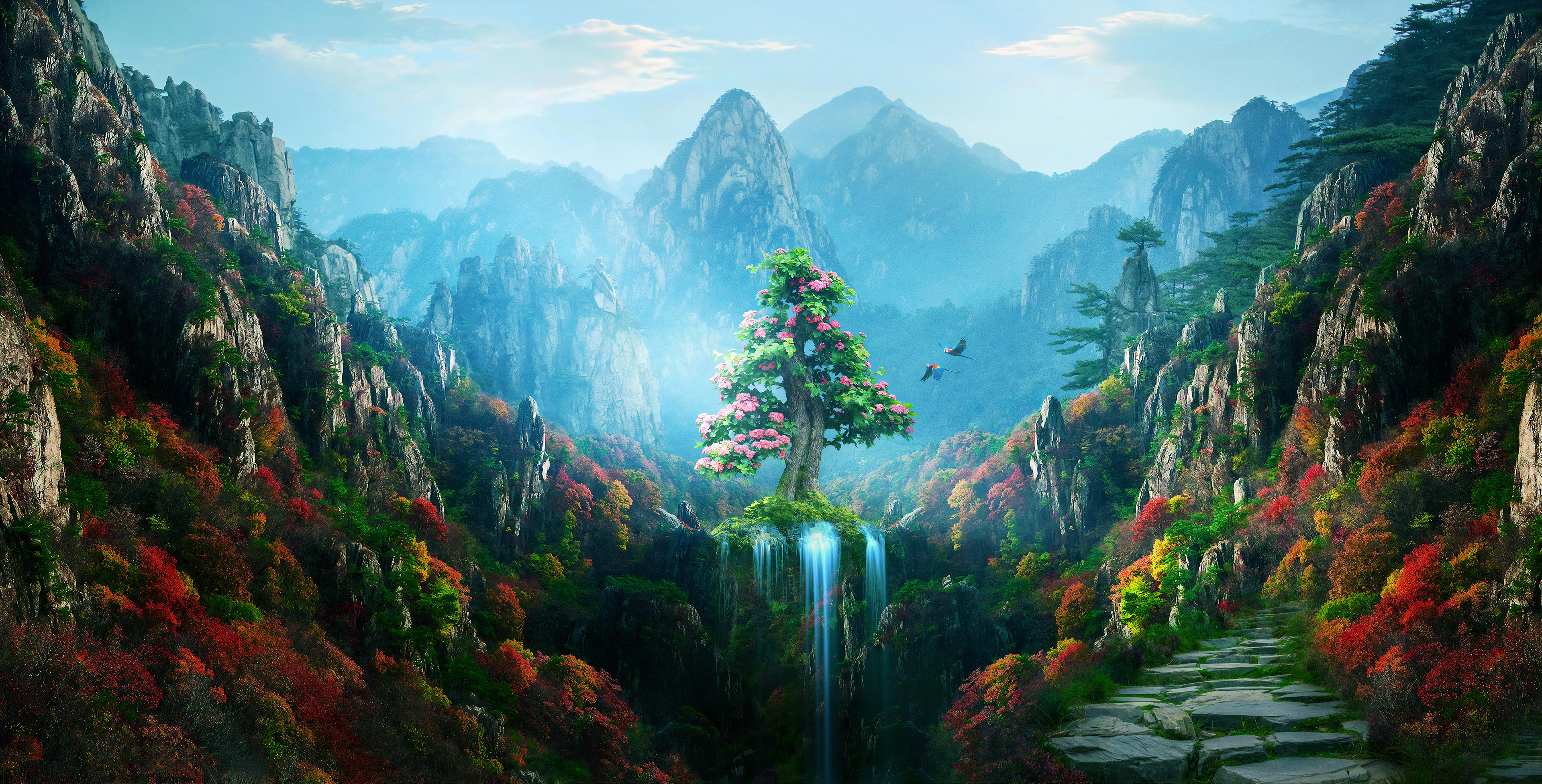 PCデスクトップに風景, 自然, 木, ファンタジー, 滝, 山, 森画像を無料でダウンロード