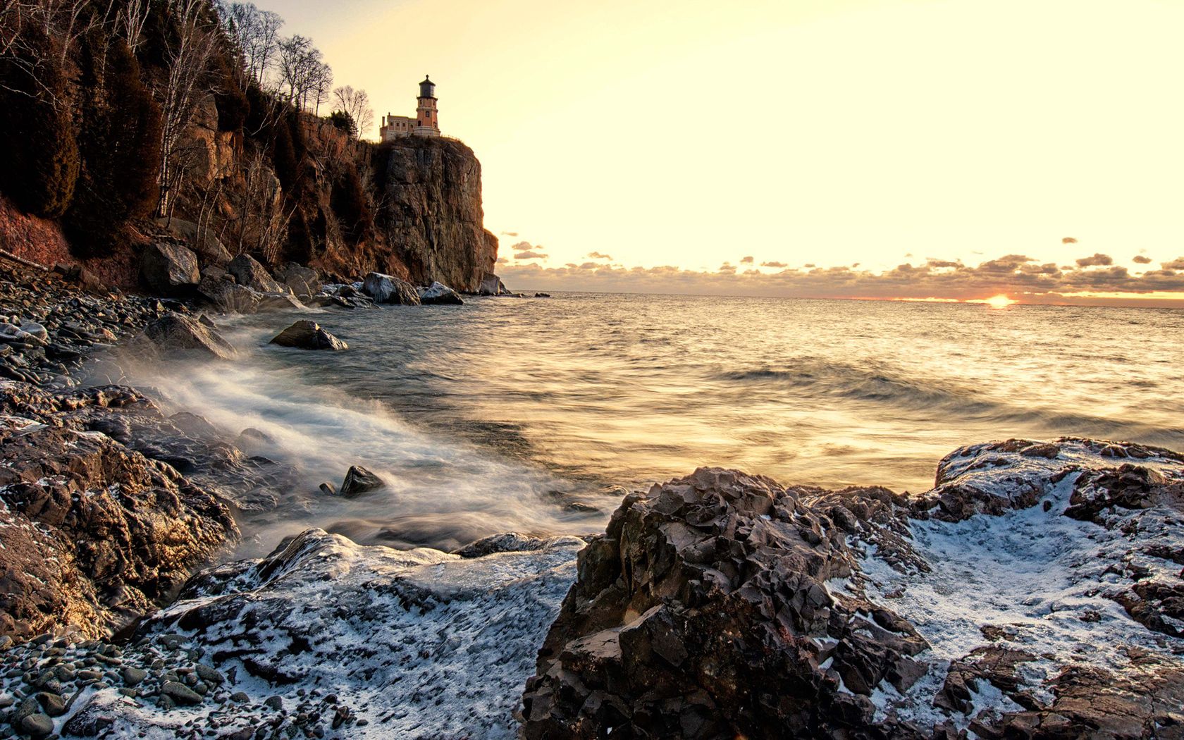 nature, sea, waves, snow, rock, shore, bank, lighthouse, rocky, stony