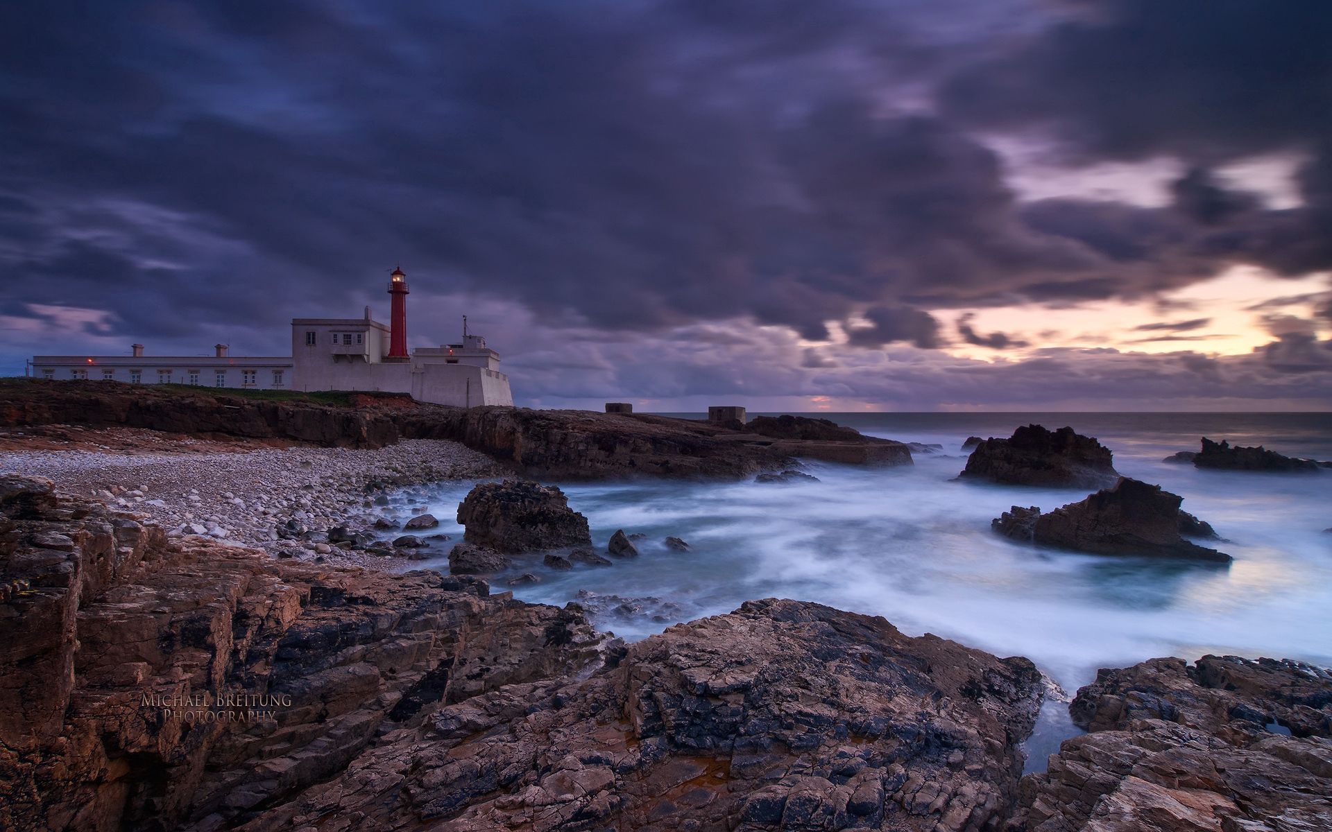 Download mobile wallpaper Bank, Shore, Evening, Lighthouse, Portugal, Sea, Nature for free.