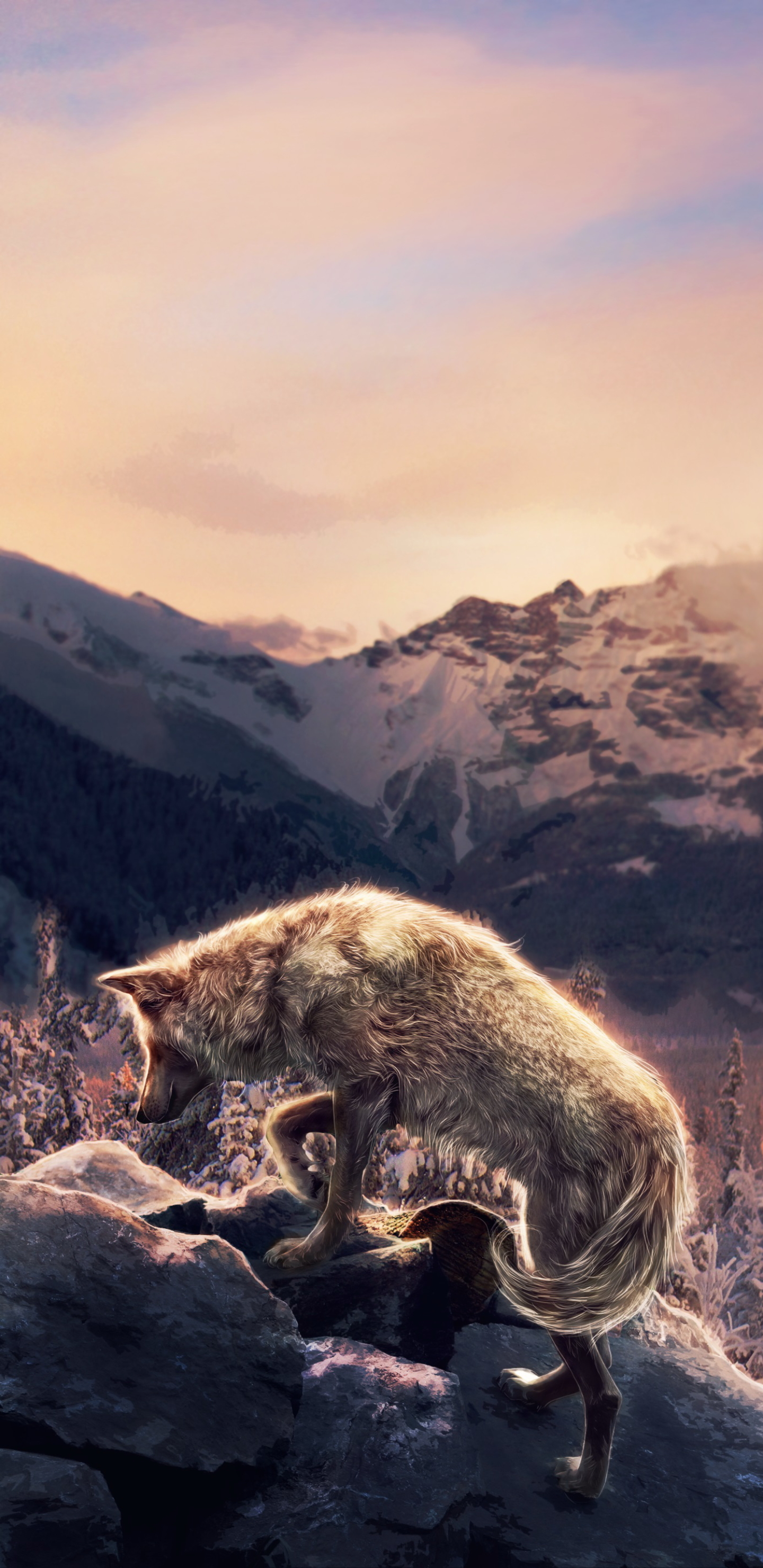Download mobile wallpaper Landscape, Winter, Nature, Fantasy, Mountain, Wolf, Fantasy Animals for free.