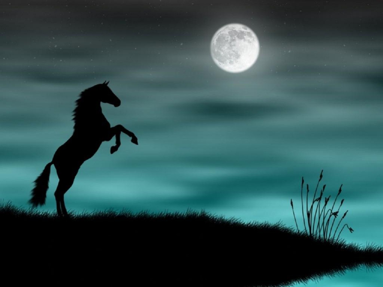Скачать обои бесплатно Животные, Луна, Силуэт, Художественный, Лошадь картинка на рабочий стол ПК