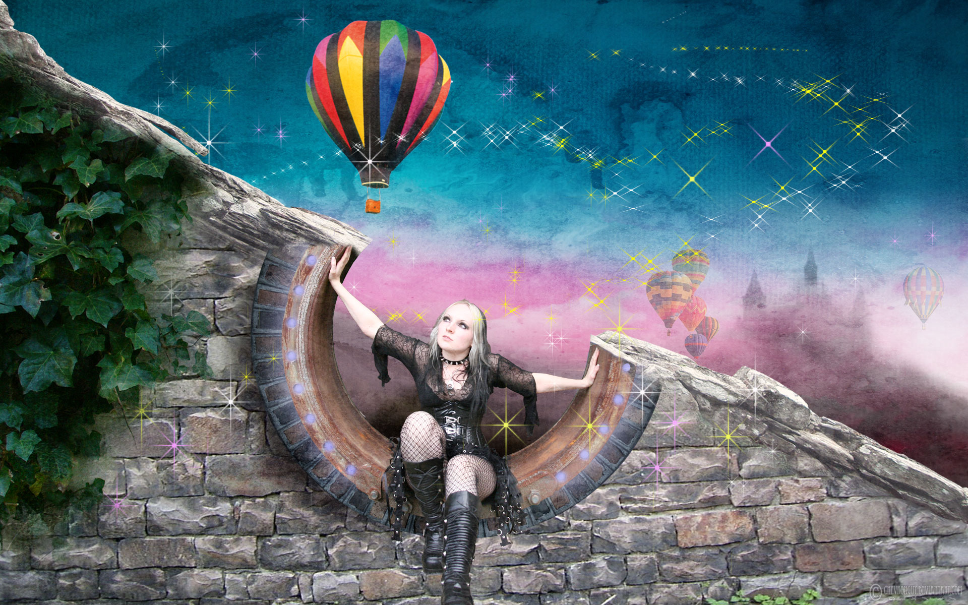 Free download wallpaper Fantasy, Gothic, Tree, Wall, Women, Sparkles, Hot Air Balloon on your PC desktop