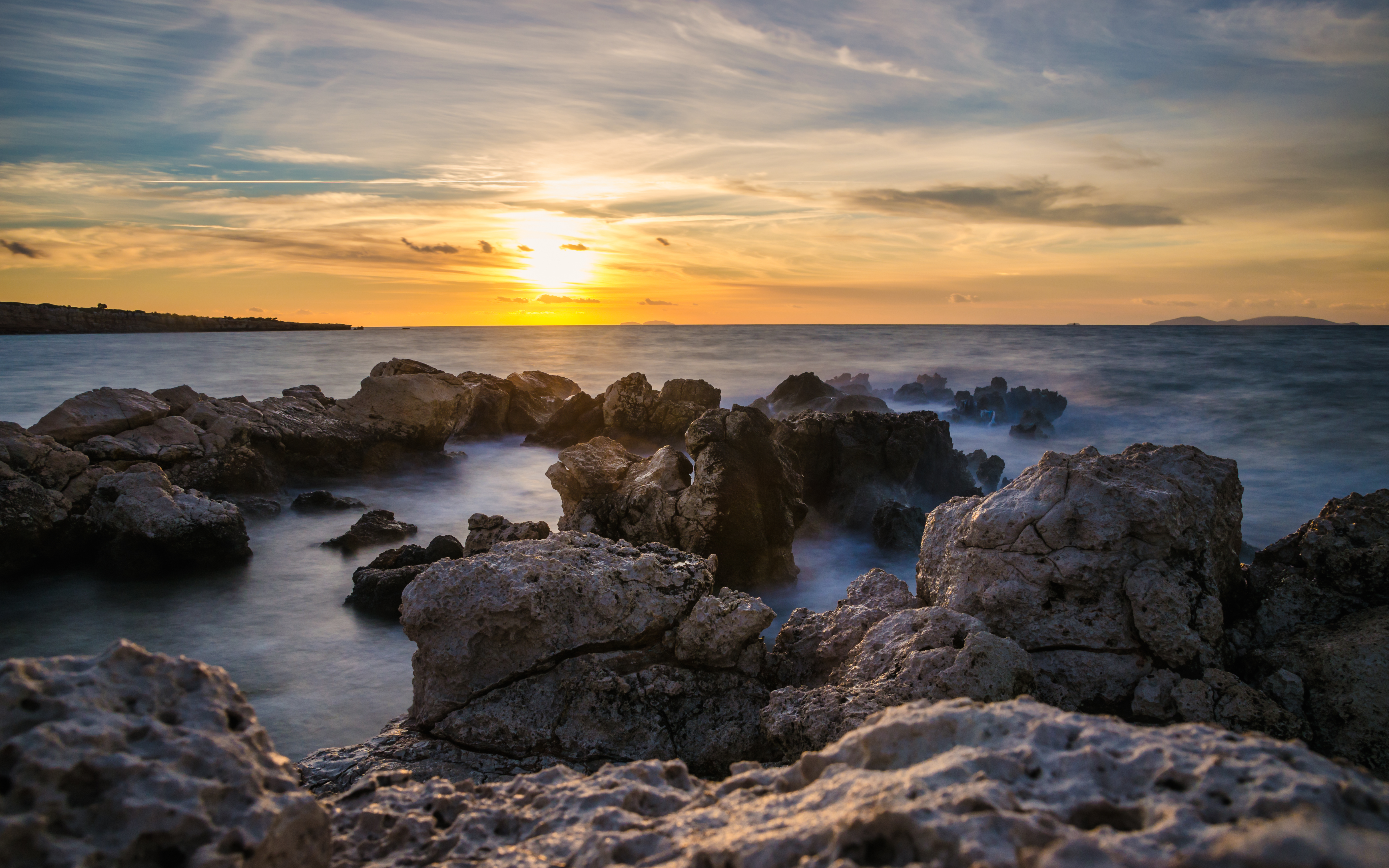 Free download wallpaper Water, Rocks, Nature, Sunset, Sea, Landscape on your PC desktop
