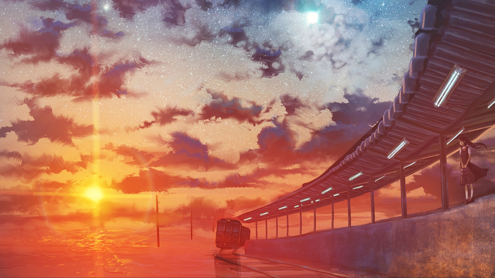 Baixar papel de parede para celular de Anime, Pôr Do Sol, Céu Estrelado, Trem, Estação De Trem gratuito.