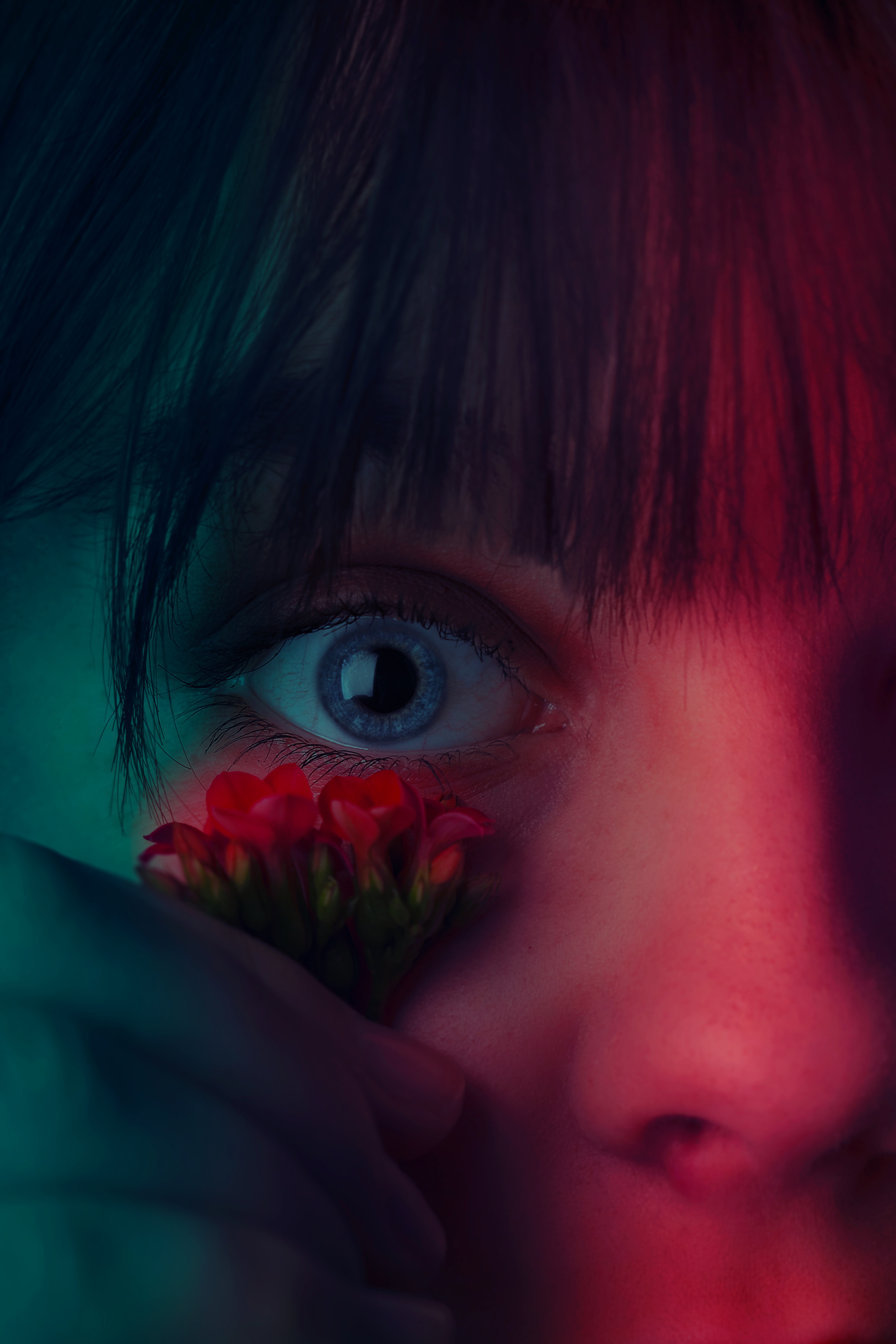 android face, flower, macro, close up, girl, eye