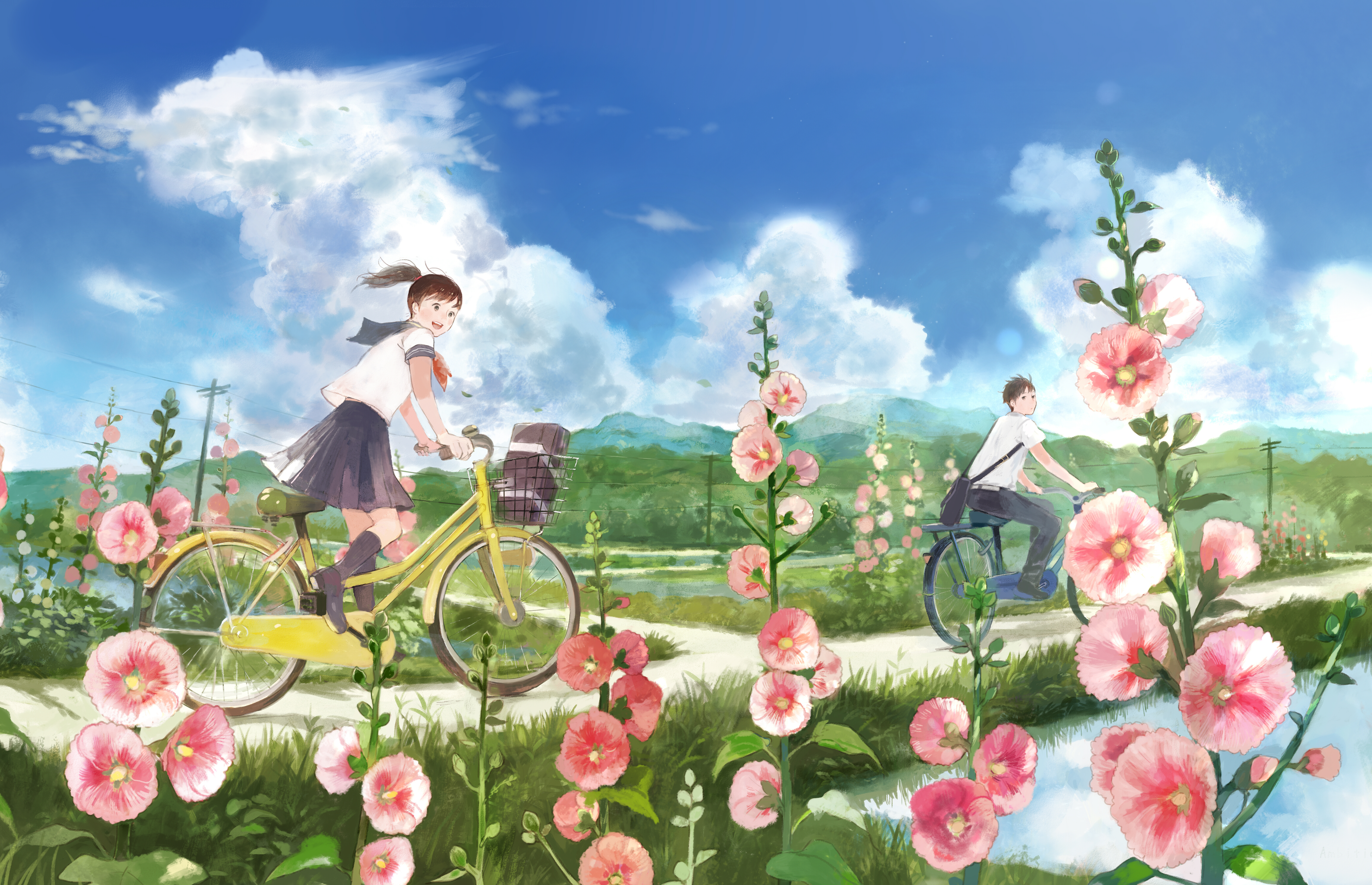 Free download wallpaper Anime, Flower, Bike, Original, Brown Hair, Short Hair, Ponytail on your PC desktop