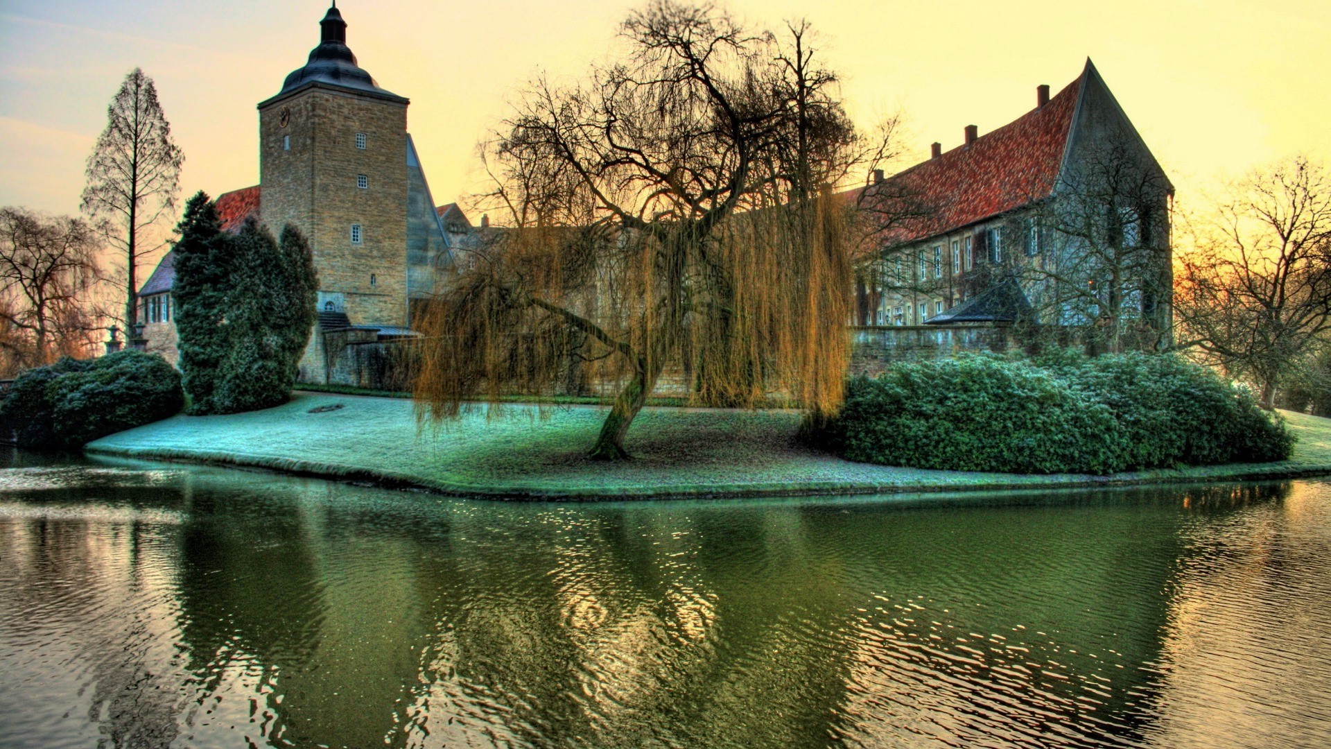 Free download wallpaper Building, Lake, Tree, Fall, Hdr, Church, Germany, Man Made on your PC desktop